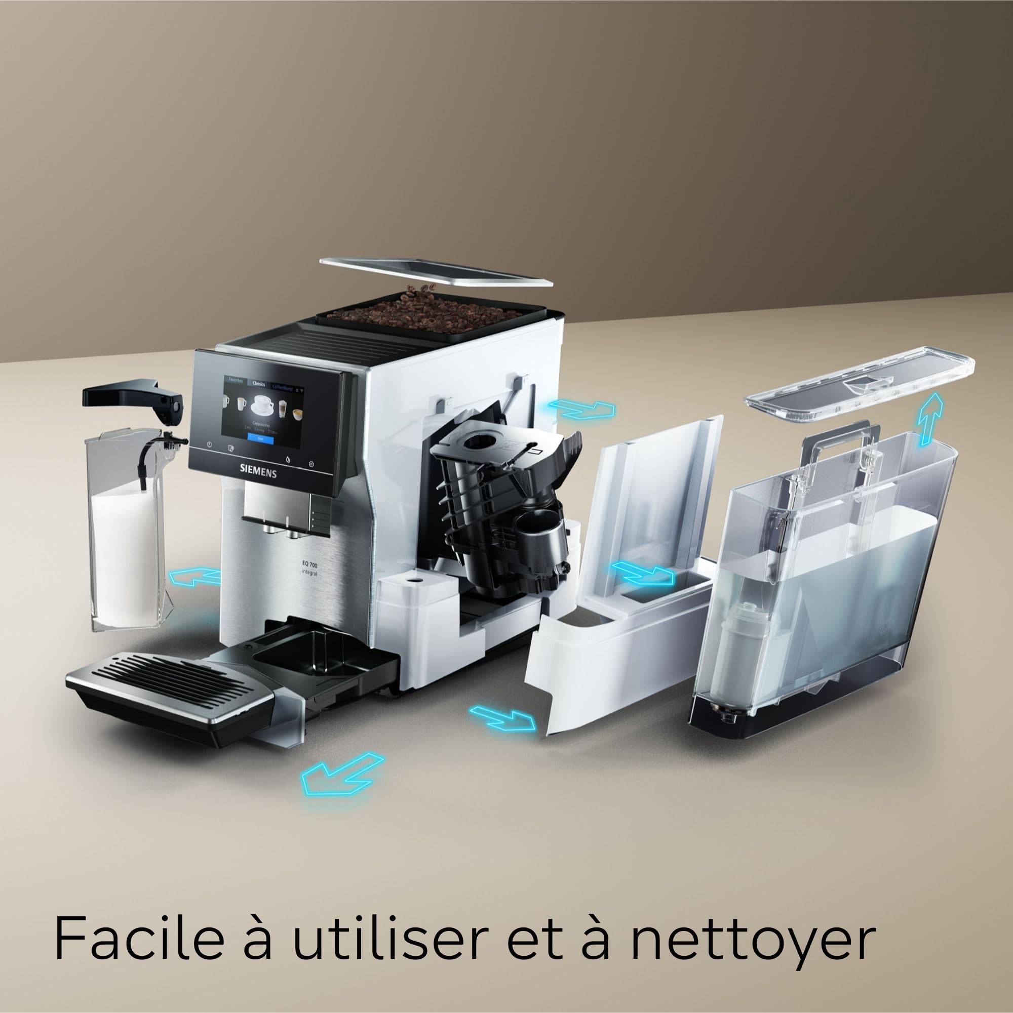 SIEMENS, machine à café à grain automatique, EQ700, écran iSelect, coffeeWorld, Cold Brew, Slow Brew, bac à lait, adaptateur briques de lait, Home Connect, acier inoxydable, blanc, TQ715R03 integral
