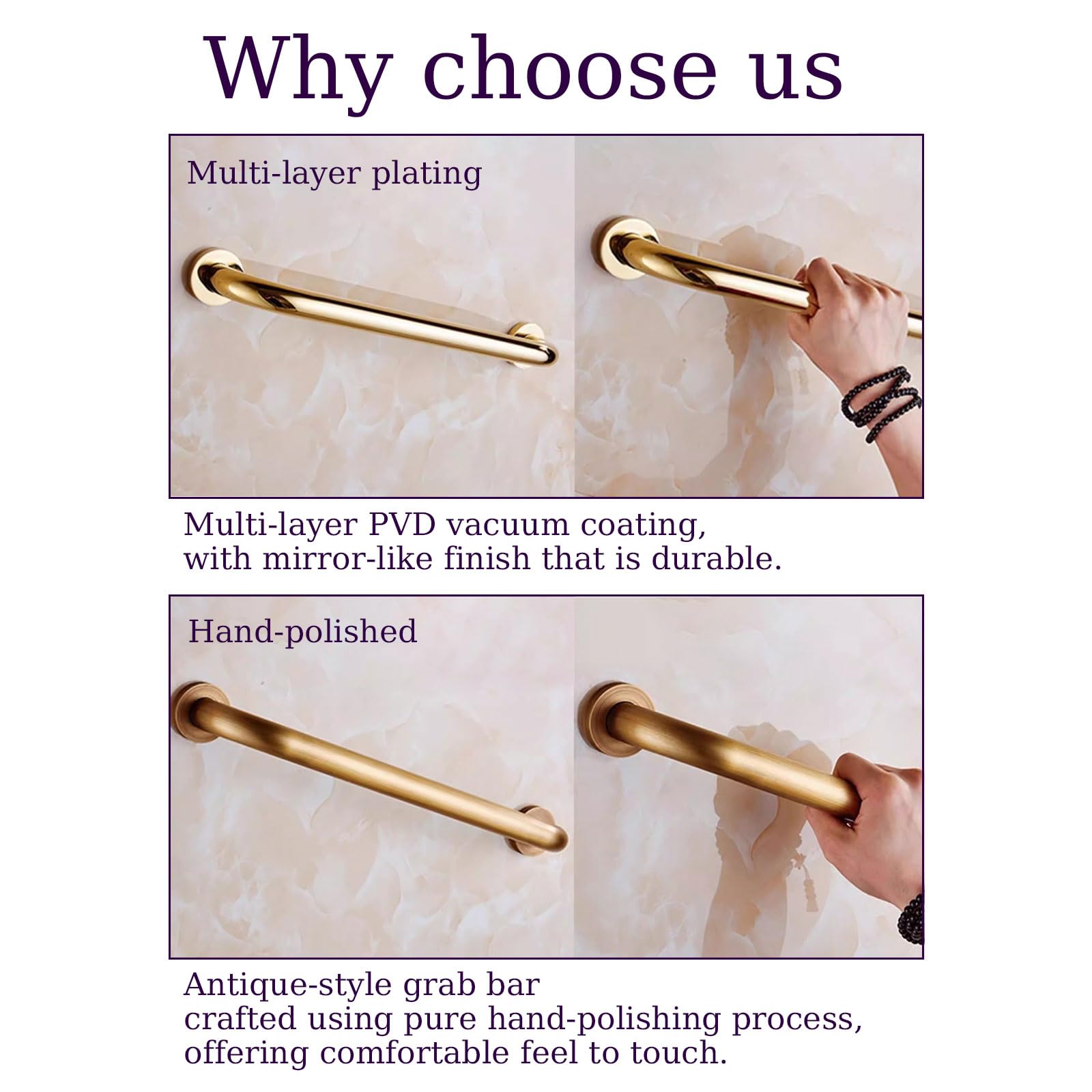 Haltegriff aus Messing für die Dusche,rutschfester Haltegriff Gold für mehr Sicherheit Badezimmer,stabiler Handlauf für Senioren und Menschen Behinderung,Armlehnen Hal(Size:25-Inch,Color:Antik-Finish)