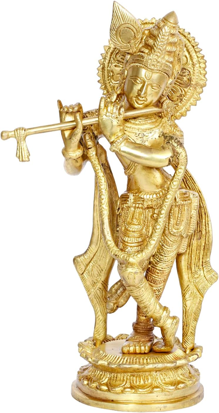 Lord Murli Manohar Krishna Krishan Brass Statue Temple Puja Gift & Home Decor Size Height 11 Inch, Medium, Design-1