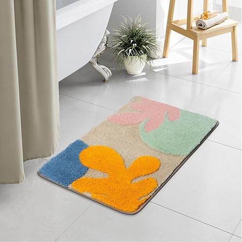 Miniatura 51 de Uphome Alfombra de baño larga con hojas abstractas coloridas, antideslizante, absorbente de agua, bohemio, de microfibra suave, lavable a máquina