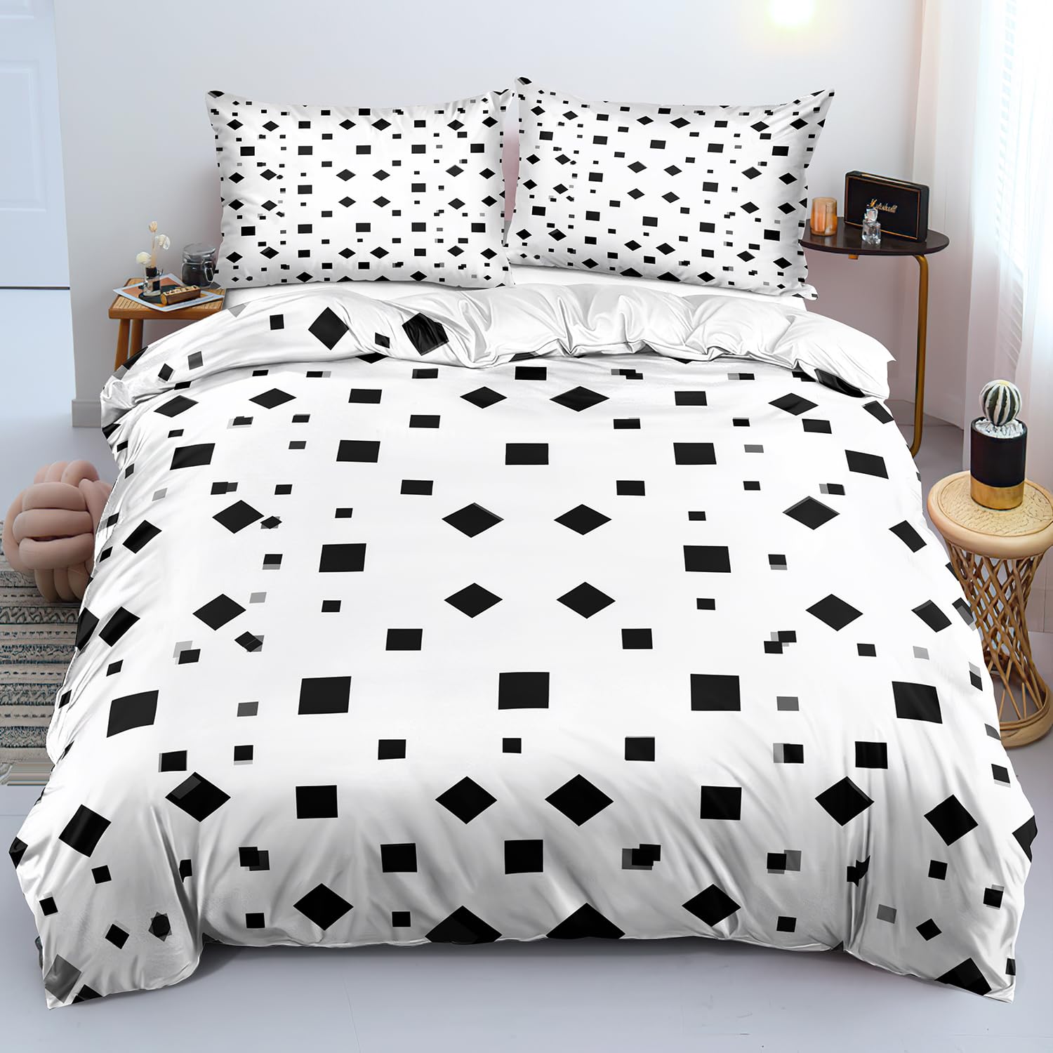 Housse de couette 140x200 géométrique noire et blanche moderne pour lit 1 place