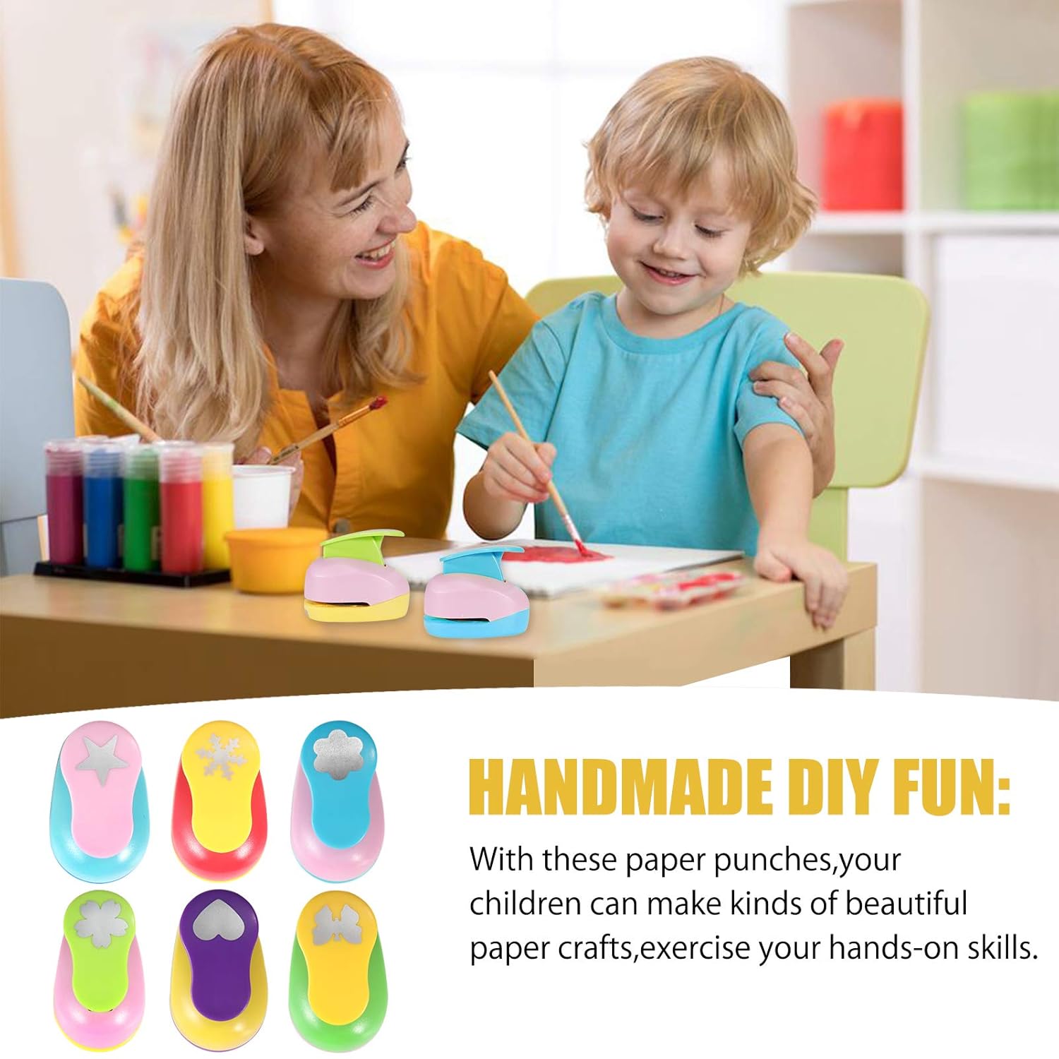 6 Pcs Colorful Craft Hole Punch with 10 Glitter Cardstock Papers, Decorative Scrapbook Paper Puncher Set, Different Shape Paper Hole Puncher Set for Office Supplies (6 Pcs- Different Shapes)