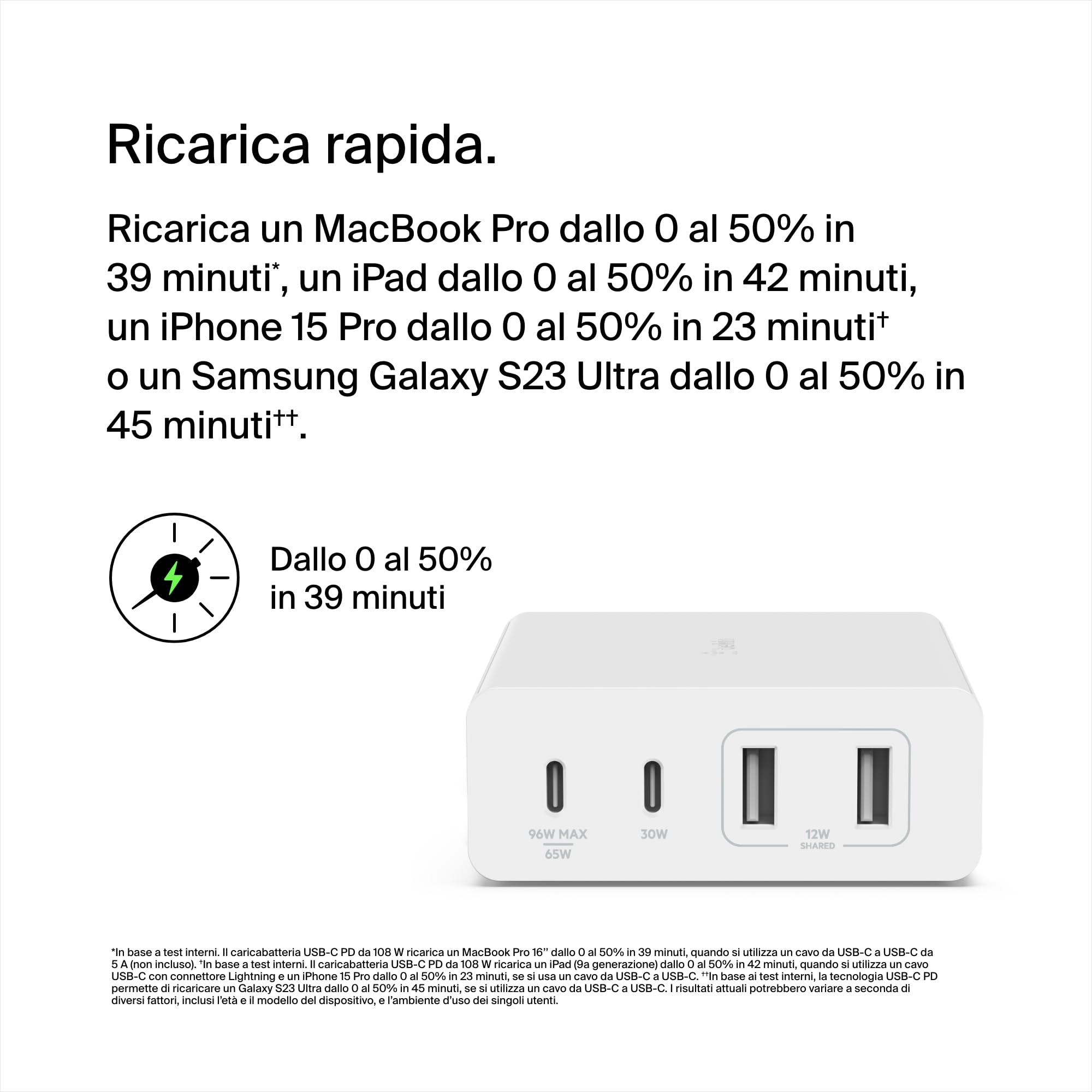 Belkin Stazione di ricarica multi dispositivo USB GaN da 108 W, hub da tavolo per ricarica rapida, 2 USB Type-C, 2 USB-A per iPhone, MacBook, Pro, Air, iPad Pro, Air, Samsung Galaxy, Pixel e altri