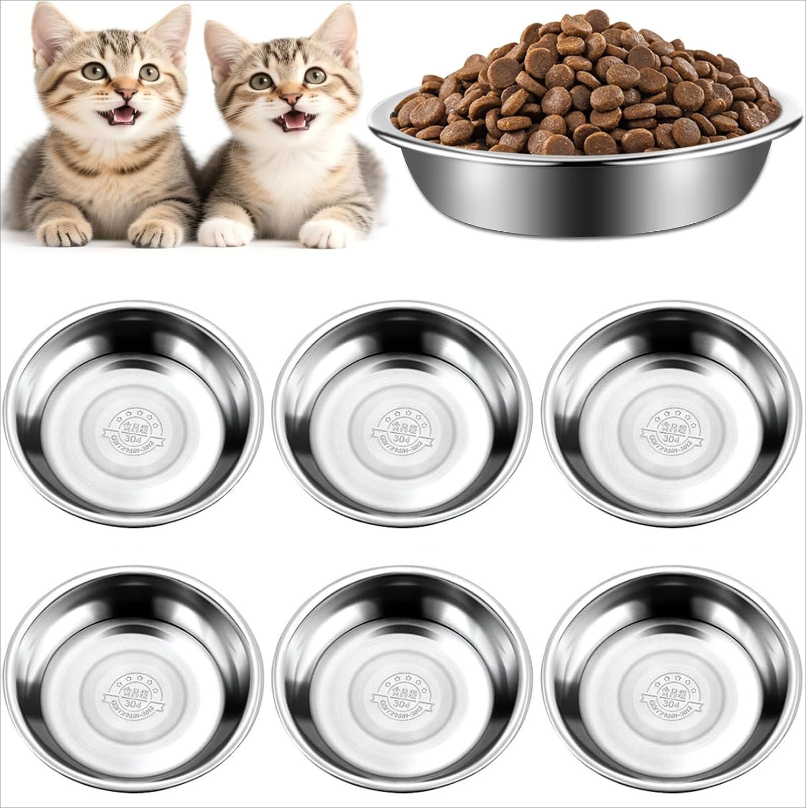 ausurme 6 Pcs Stainless Steel Cat Bowls 14 cm Shallow Round Silver