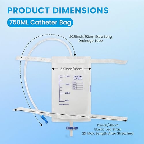 Miniatura 2 de Paquete de 6 bolsas para catéter, bolsa de drenaje urinario fácil de tocar, 2 correas elásticas ajustables, 32 onzas con 3 tubos de 18 pulgadas,