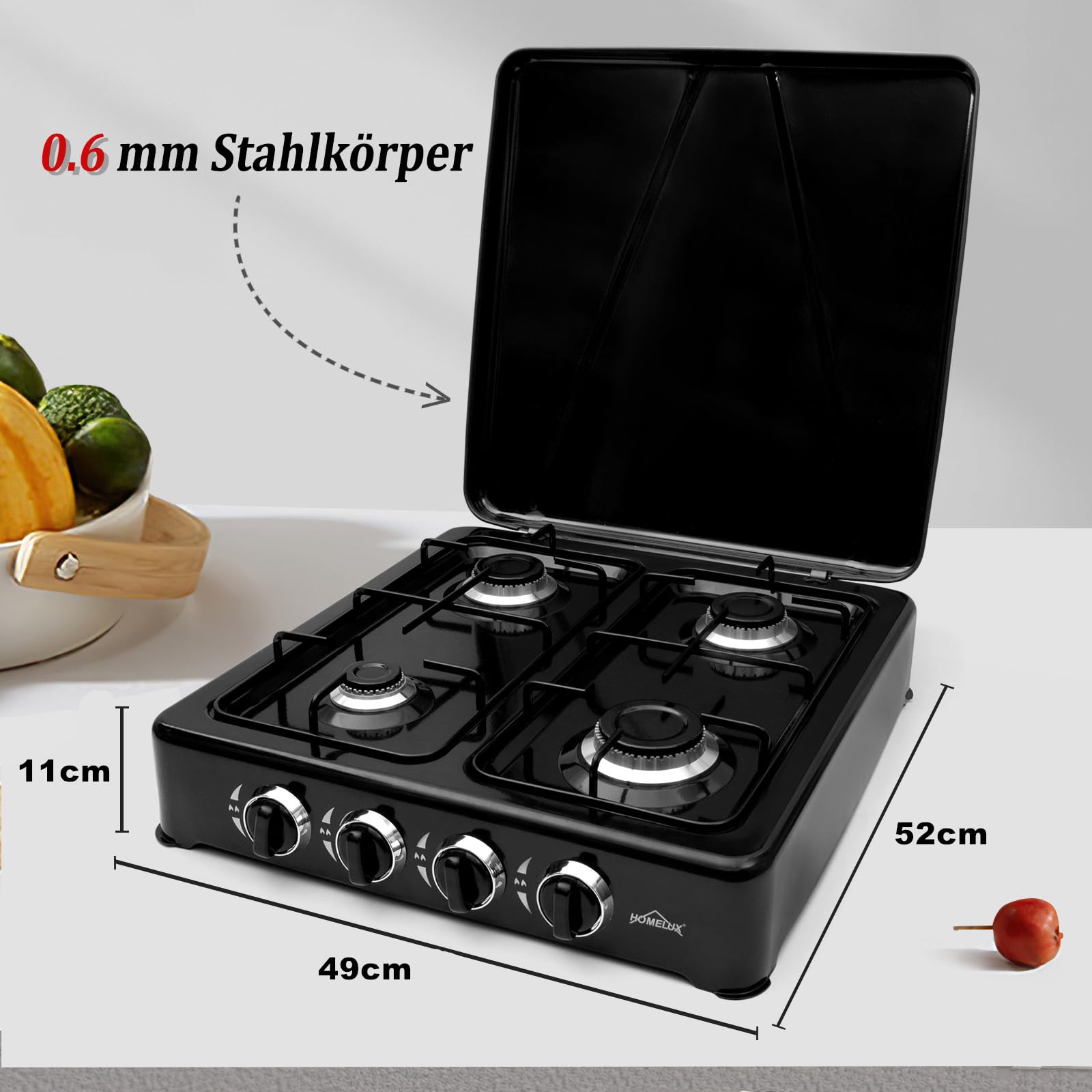 HOMELUX 6,2 KW Gaskocher 4 Flammig Campingkocher mit 150cm Gasschlauch Kochfeld mit Deckel Herd Gas Outdoor Schwarz