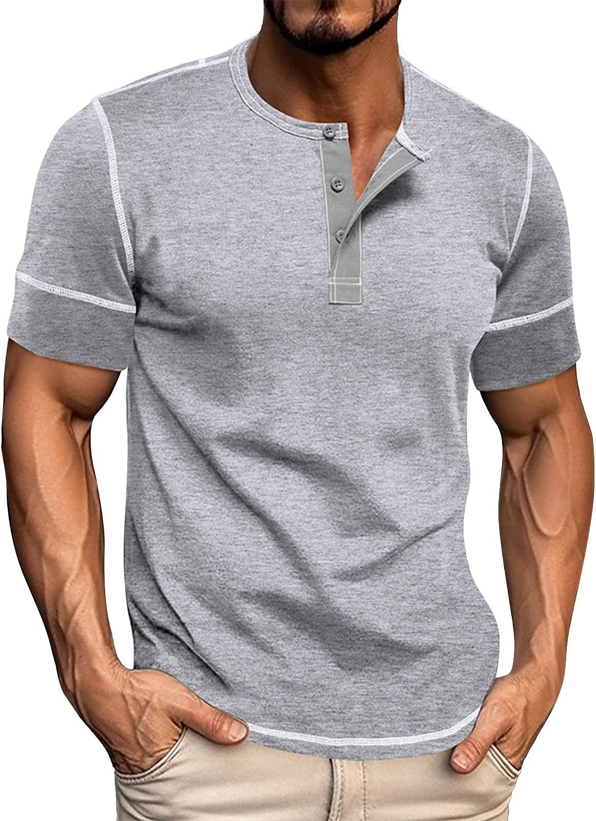 Summer Shirts for Men Short Sleeve Casual Collarless Solid Color Vintage Stylish Henley T Shirt Regular Fit Button Down Breathable Lightweight V Neck T Shirts Comfy Basic Sport Running Tshirt T-Shirt