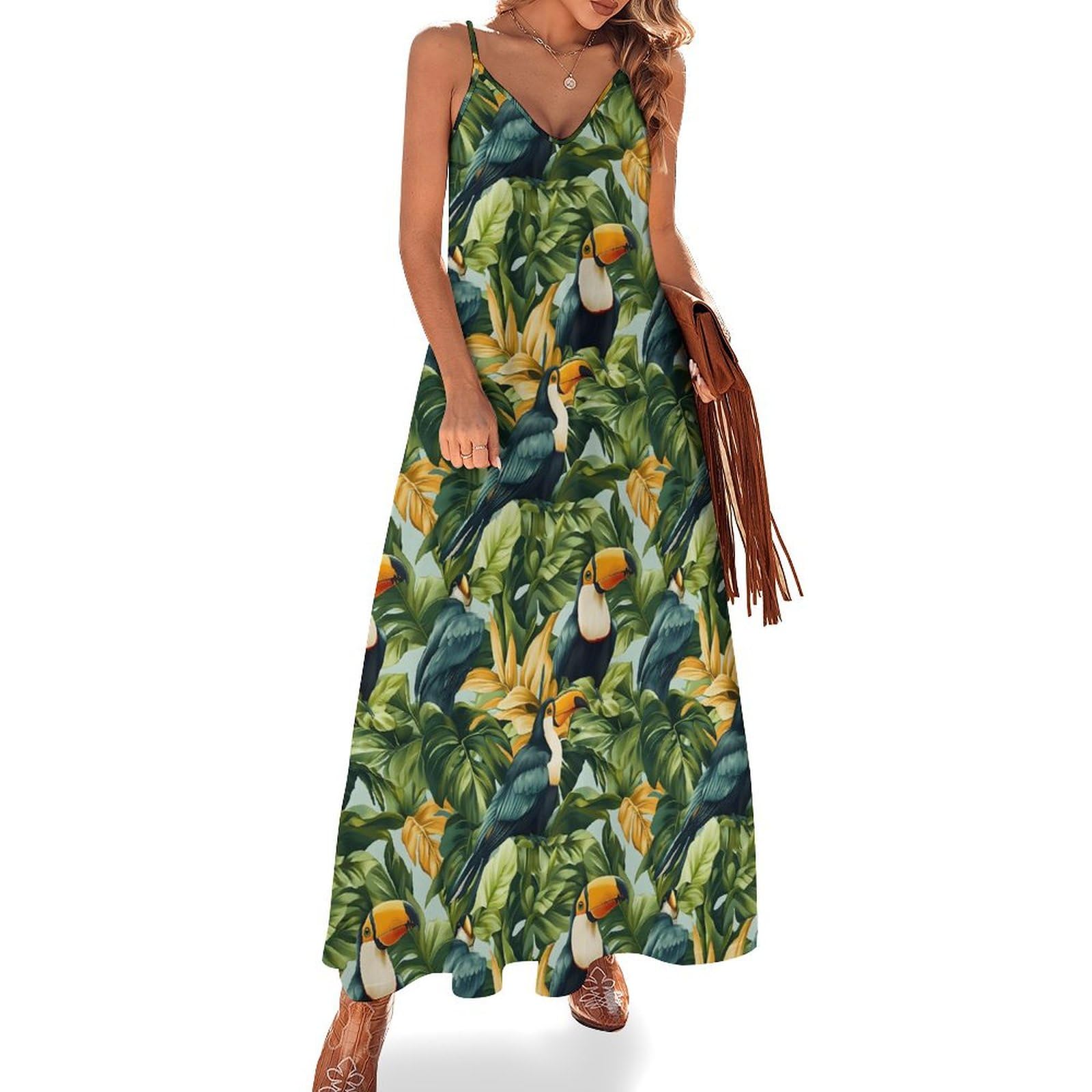 Tropical Toucan Print Summer Maxi Dresses for Women 2025, Casual Spaghetti Strap Long Bea…
