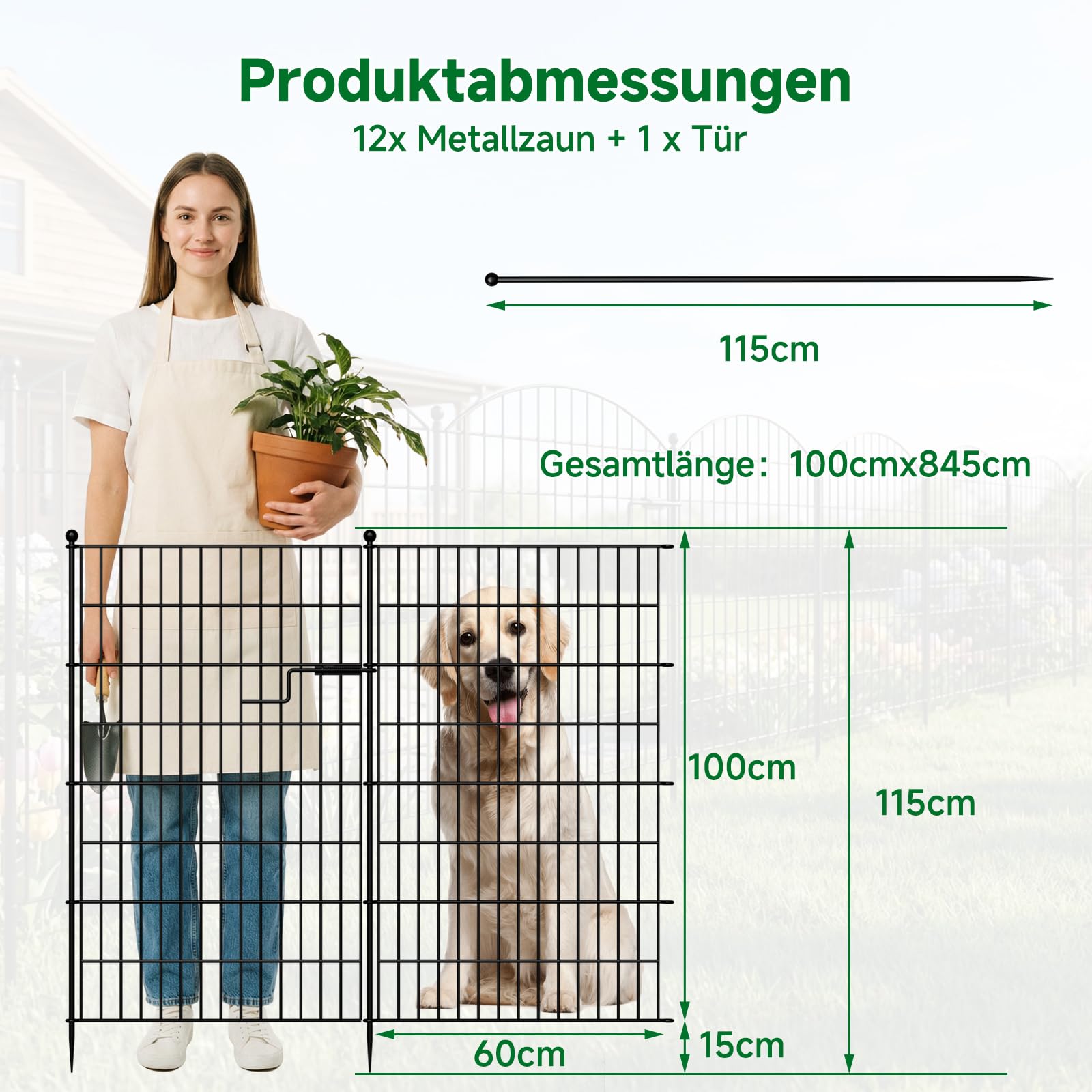 SUNYRISY 13 Panels Metall Gartenzaun Steckzaun 100cm H | 8,5 m L Hundezaun Mit Tür, Hühnerzaun Mobiler Zaun für Haustier, Tierbarriere, Bordüre für Hof, Terrasse, Keine Graben