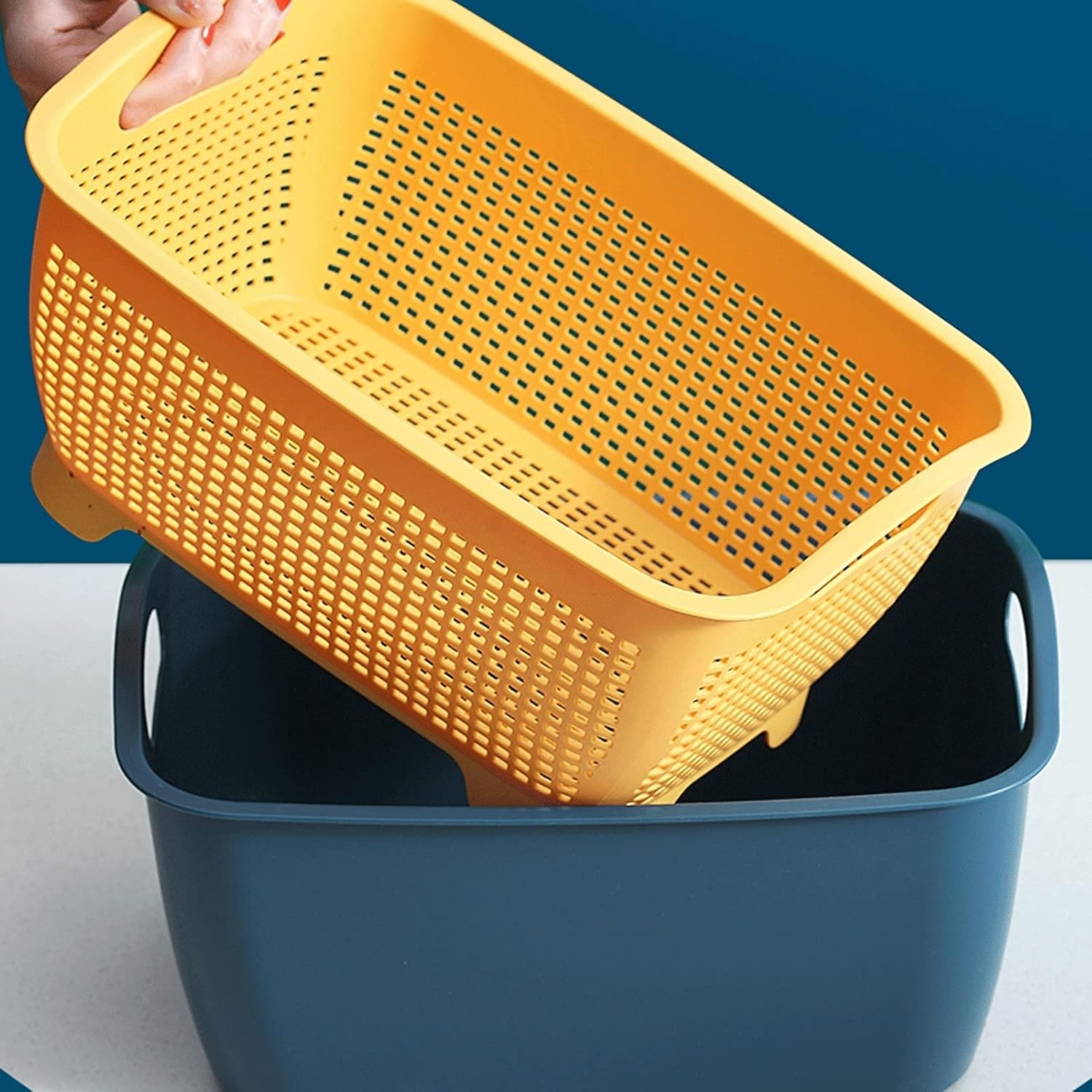 Draining Rack 2-in-1 Fruit and Vegetable Colander Filter Square Plastic Vegetable Washing and Draining Basket Basin Household Kitchen Onion Broccoli Storage Basket Drainage Rack(A,Large)