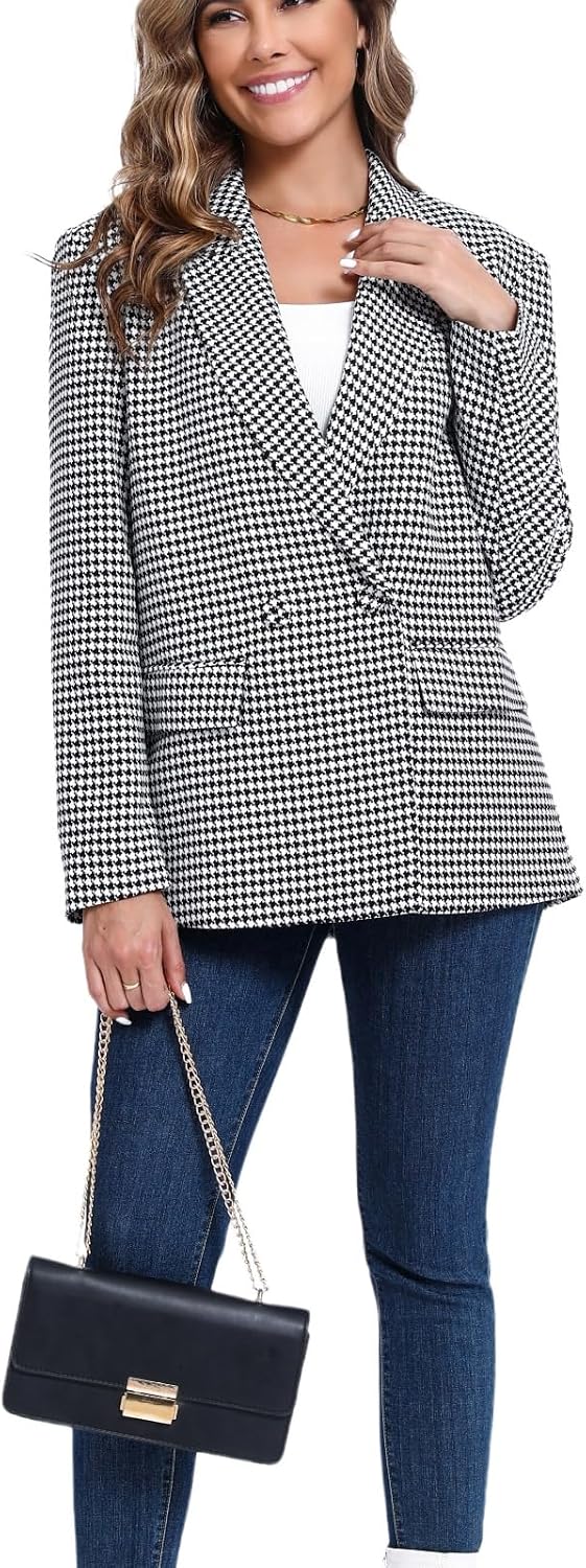 Women's Oversized Double-Breasted Suit Blazer Jacket Top Stitch Long Sleeve Casual Work Office Blazer with Pockets