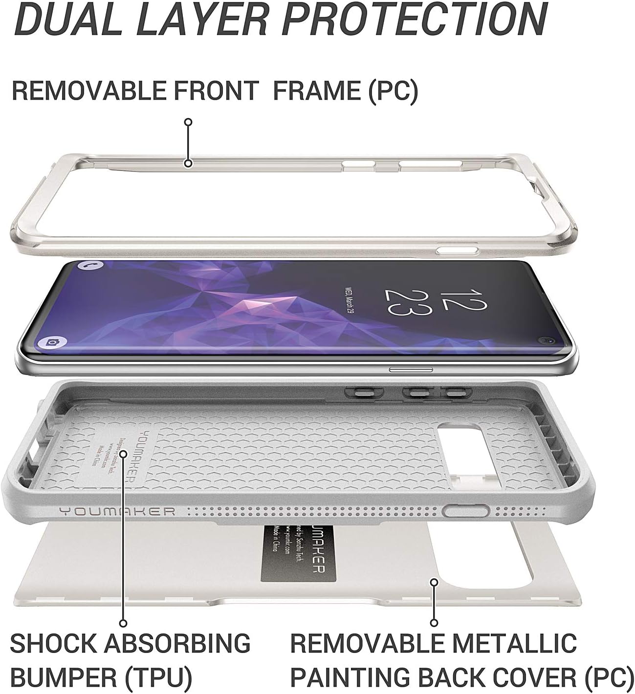 YOUMAKER Case for Galaxy S10, Heavy Duty Protection Full Body Shockproof Slim Fit Without Built-in Screen Protector Case Cover for Samsung Galaxy S10 6.1 inch -White/Gray