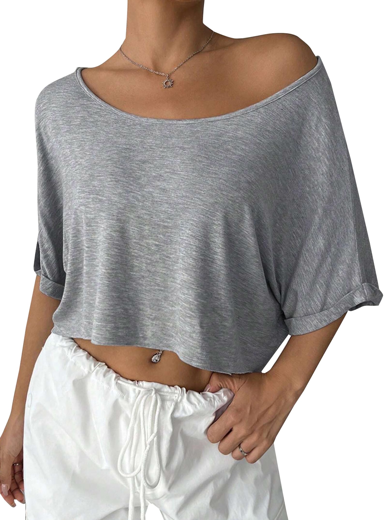RemidooWomens Off The Shoulder Tops Short Sleeve Crop Top Asymmetrical Neck T Shirt