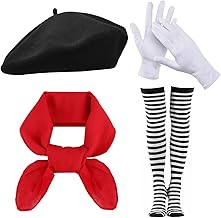 HOWAF Pantomime Costume Women Men Black Beret Hat Barrett Hat Pantomime Hat Cloth Red Stockings Black White Striped Gloves for Halloween Costume Fancy Dress Costumes Carnival Costume
