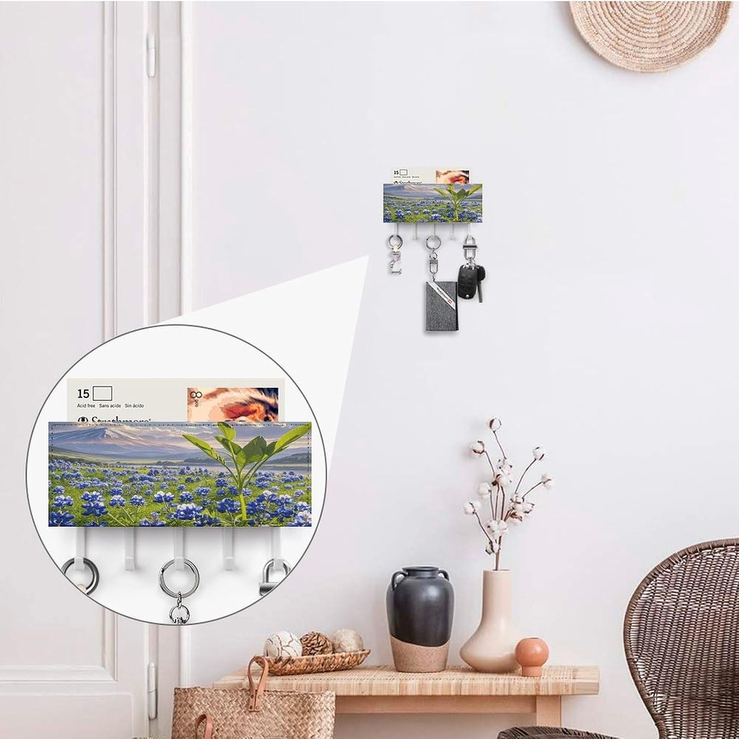 Key Holder Wall Mount Key Hanger with 5 Hooks, Decorative Key Rack | Bluebonnets Scenery Hanging Key Hooks with Mail Organizer for Wall Living Room Kitchen Bathroom Hallway