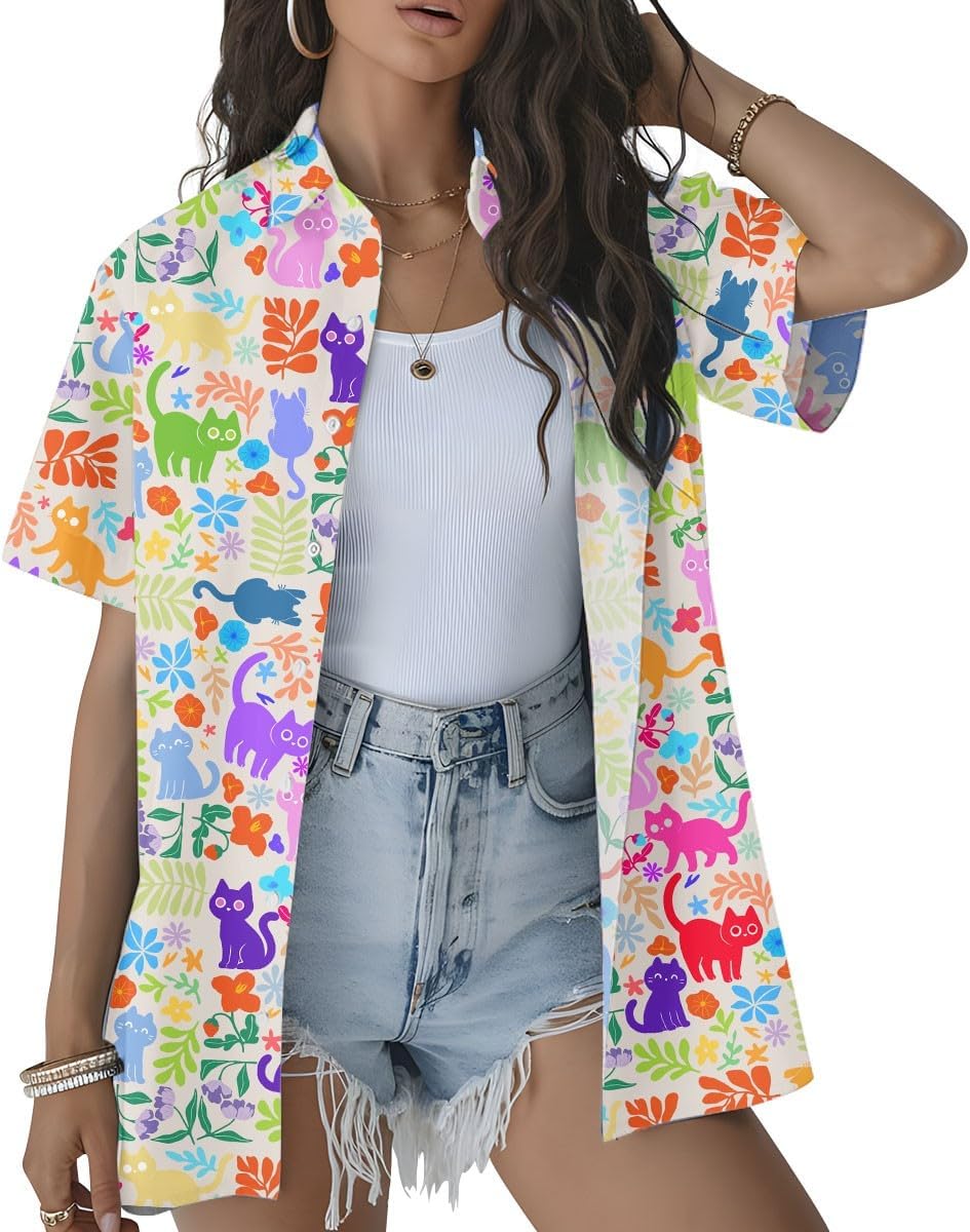 Tropical Tiki and Flamingo Hawaiian Shirt for Women Summer Beach Button Down Short Sleeve Clothes for Women