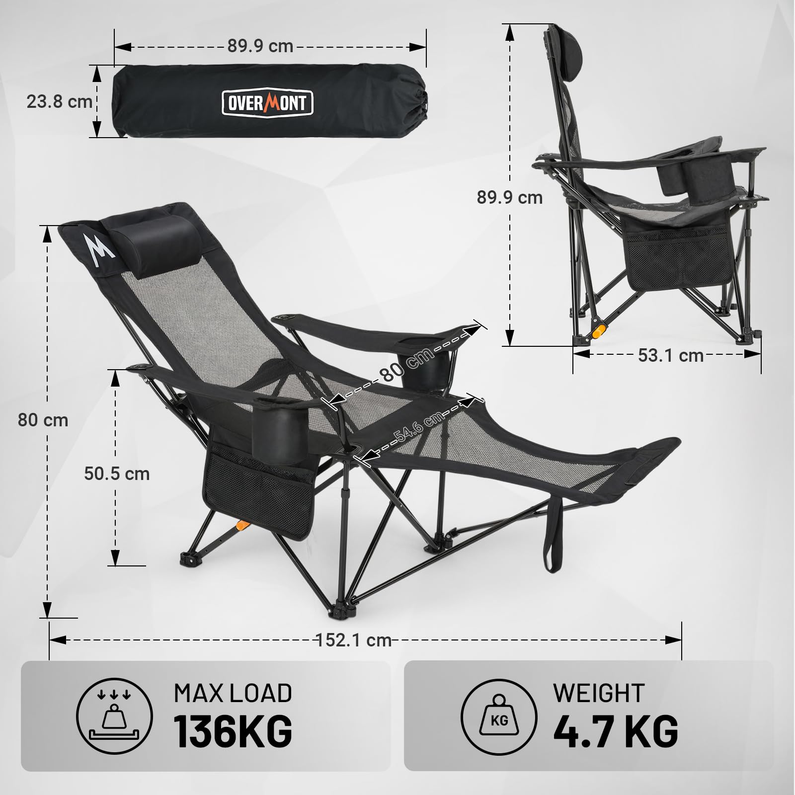 OVERMONT Sedia da Campeggio Pieghevole - 2 in 1 con Poggiapiedi, Schienale Regolabile 4 Posizioni, Sedia a Sdraio Reclinabile 136 kg, con Poggiatesta e Borsa - per Campeggio,Spiaggia,Giardino e Pesca