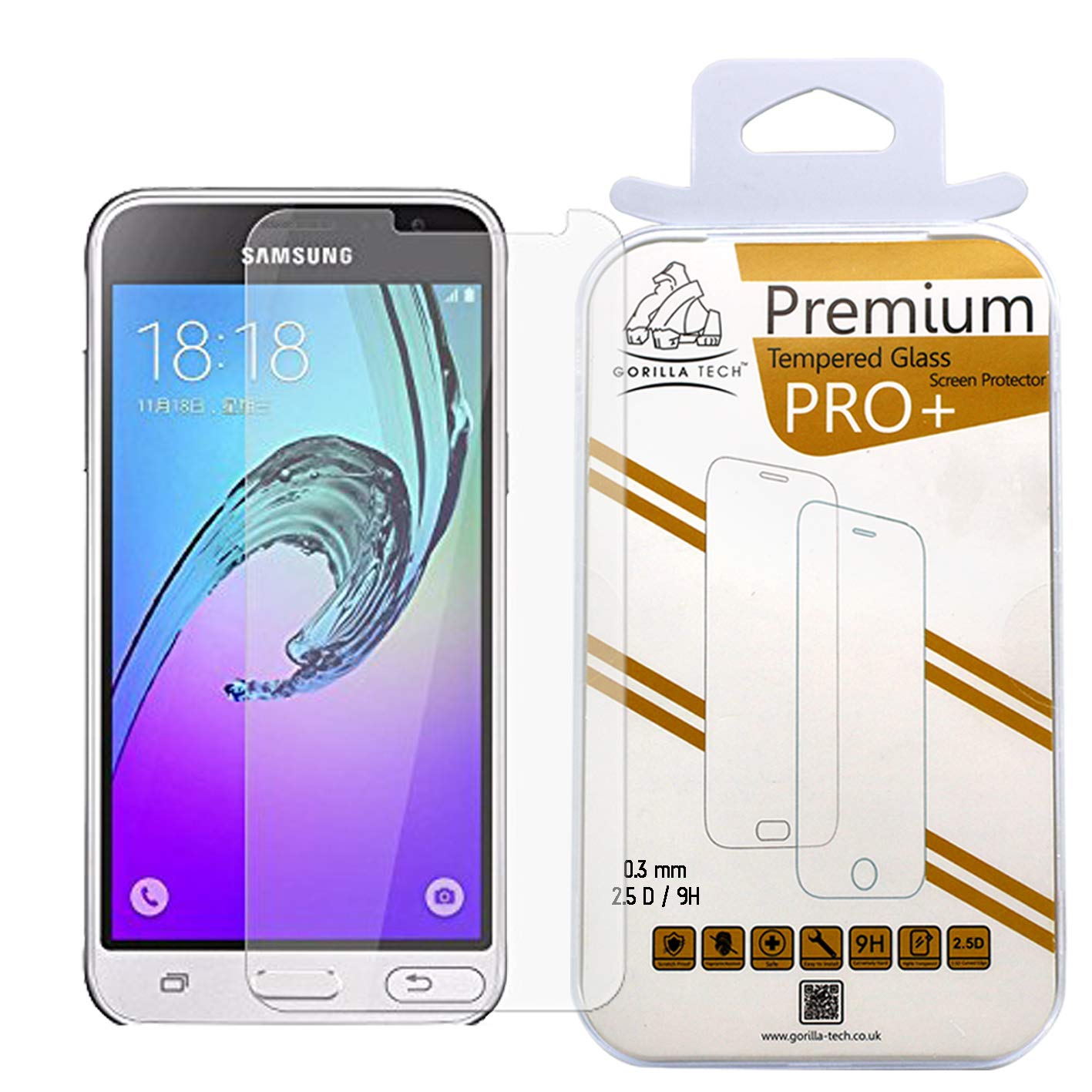 Gorilla Tech Premium Tempered Glass Screen Protector for Samsung Galaxy J3 (2016) Invisible Shield Cover 9H Hardness Crystal Clear HD Quality Shatter and Scratch Resistant Guard 3D Touch Compatible
