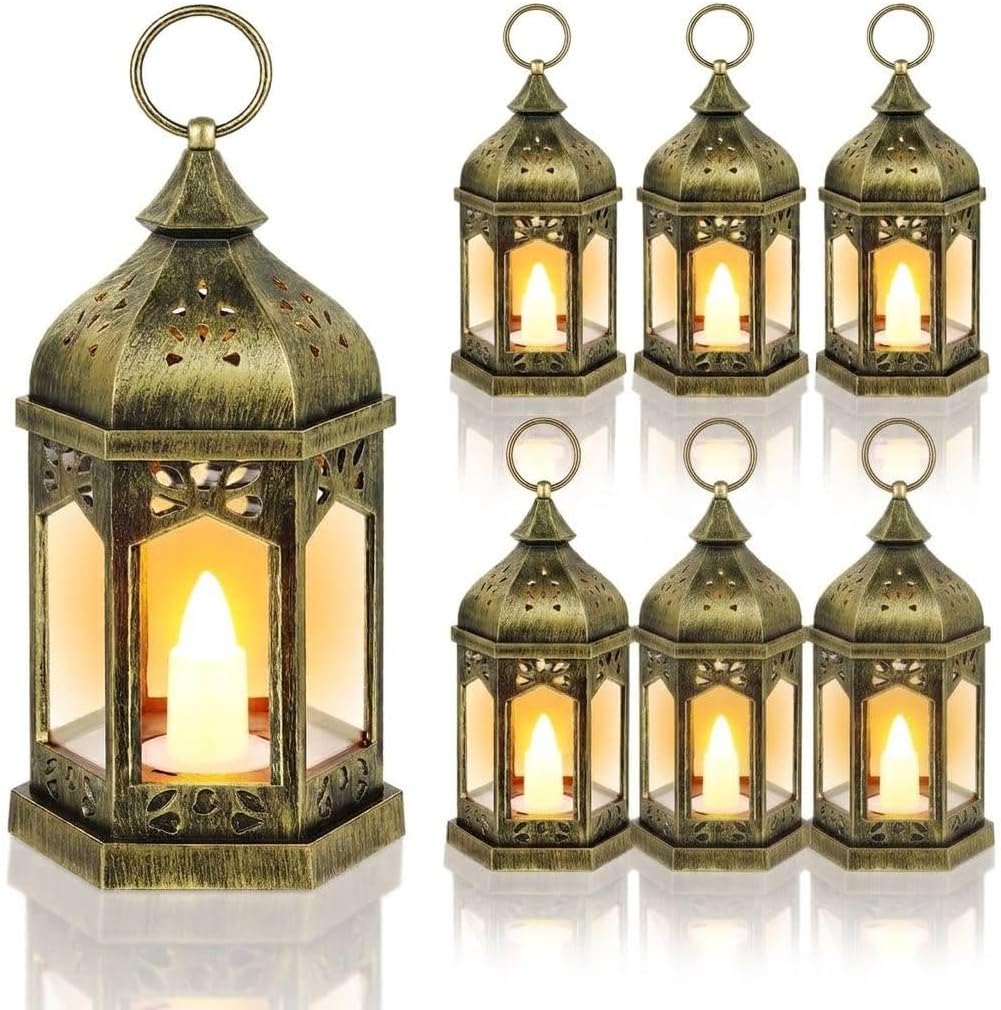 Halloween Lanterns, 6 Pack Brushed Gold LED Candle Lanterns, Battery Operated Hanging Lanterns with Warm Flickering Light, Metal Decorative Lanterns for Halloween Party, Table & Home Decor