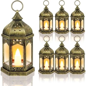 Halloween Lanterns, 6 Pack Brushed Gold LED Candle Lanterns, Battery Operated Hanging Lanterns with Warm Flickering Light, Metal Decorative Lanterns for Halloween Party, Table & Home Decor
