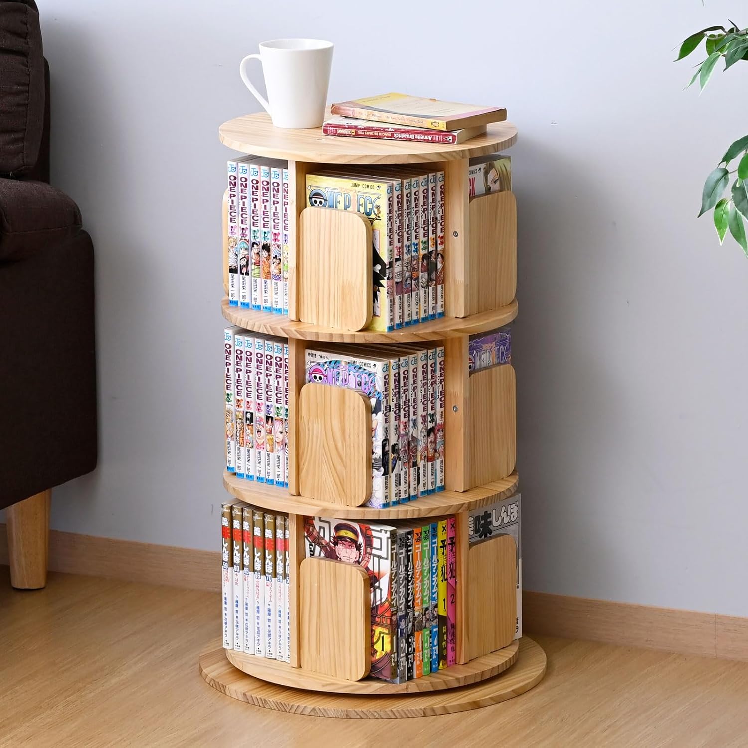 新品】天然木 回転ラック 角型3段 360度回転 本棚 アウトレット