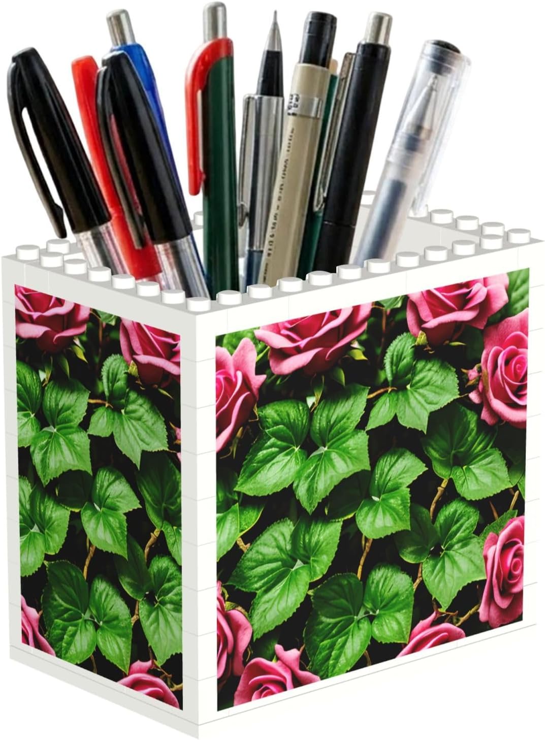 Floral Rose Ivy With Leaves Spring Print Uv Print Block Pencil Cup, Detachable Creative Block Desk Organizer Office Abs Pen Holder