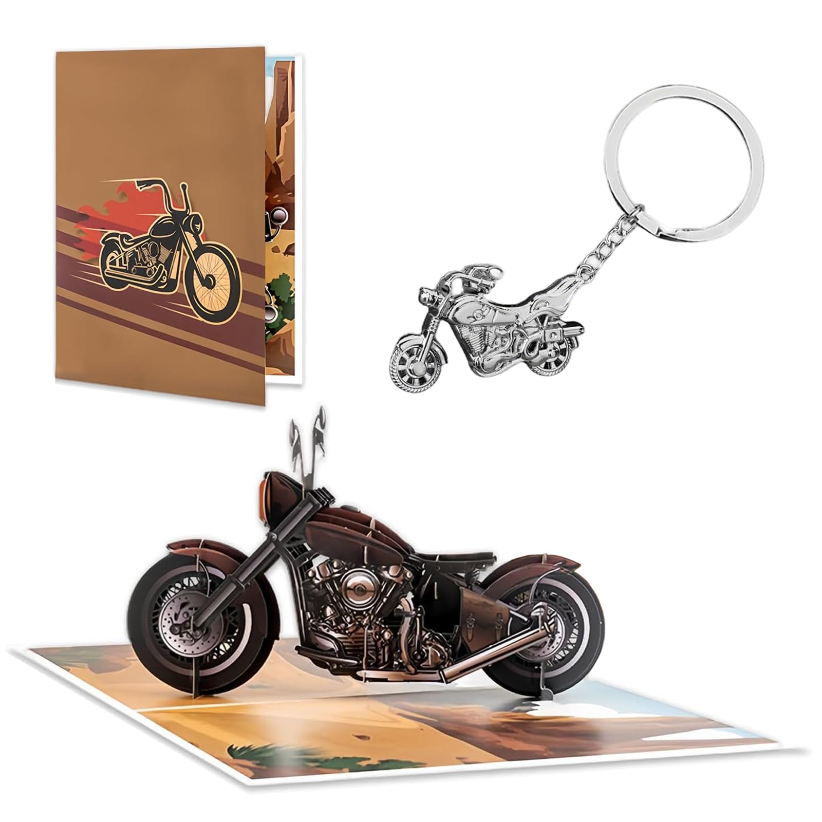 HORREX Classic Motorcycle Birthday Card, Pop Up Birthday Card with Motorcycle Shaped Keychain, Motorbike Greeting Cards Includes envelope for Him Dad Husband Men and Women