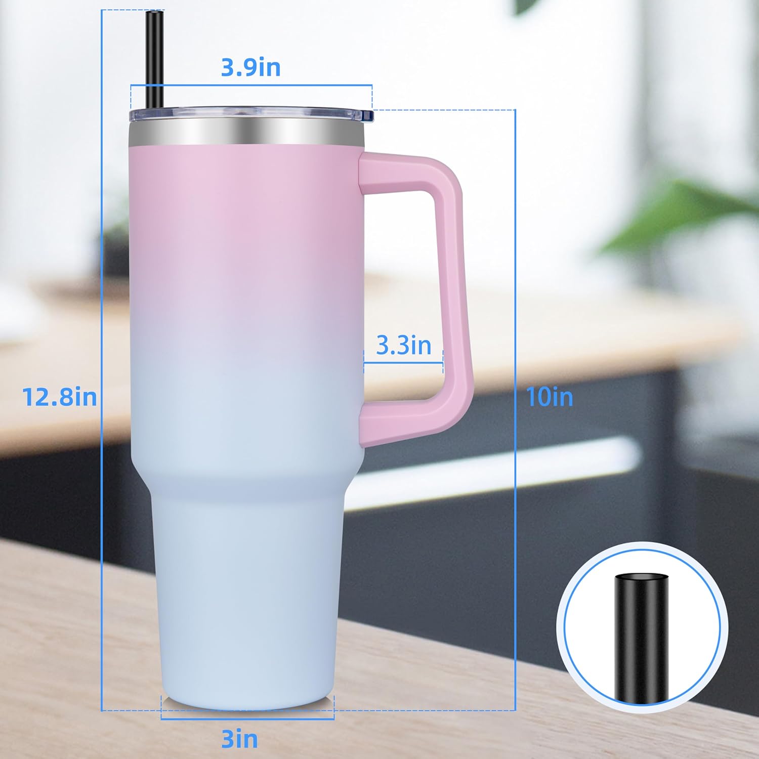 DOMICARE 40 oz Tumbler with Handle and Straw, Stainless Steel Tumbler with Lid and Straw, Reusable Vacuum Insulated Cup, Travel Coffee Mug, Dreamy Pink Blue, 4Pack - Image 5