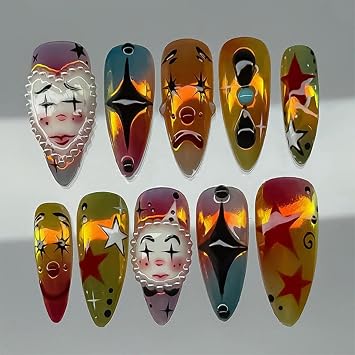 Clown Nails Halloween Nails Press ons Joker Press on Nails Star Fake Nails
