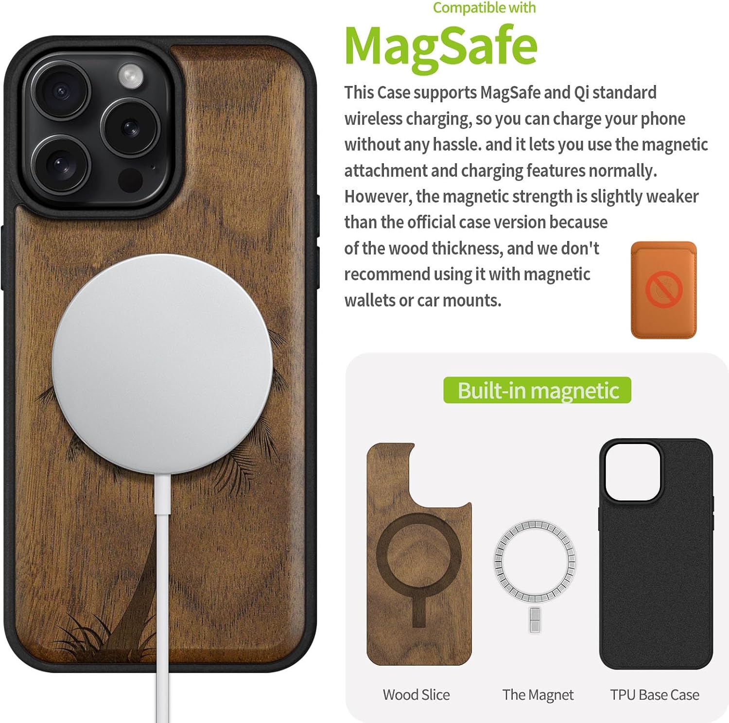 Carveit Magnetic Wooden Case for iPhone 16 Pro Max Case, Wood Artisan Engraved & Black Soft TPU Shockproof Cover, Compatible with MagSafe Wireless Chargers (The Palm Tree) Walnut
