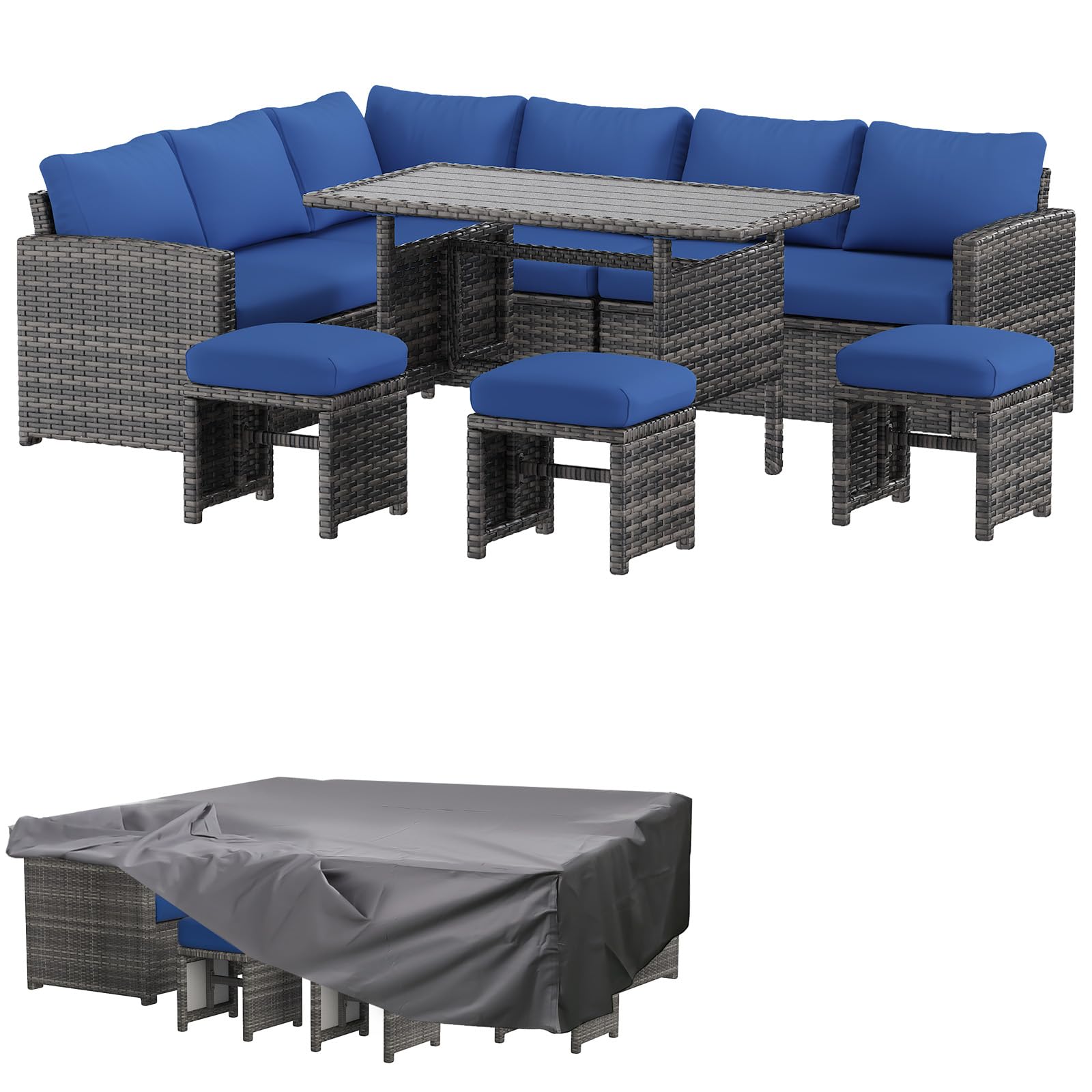 AECOJOY Outdoor Patio Furniture Set with Waterproof Cover, 7 Pieces Clearance Sectional Rattan Dining Table&Chairs, All Weather Wicker Conversation