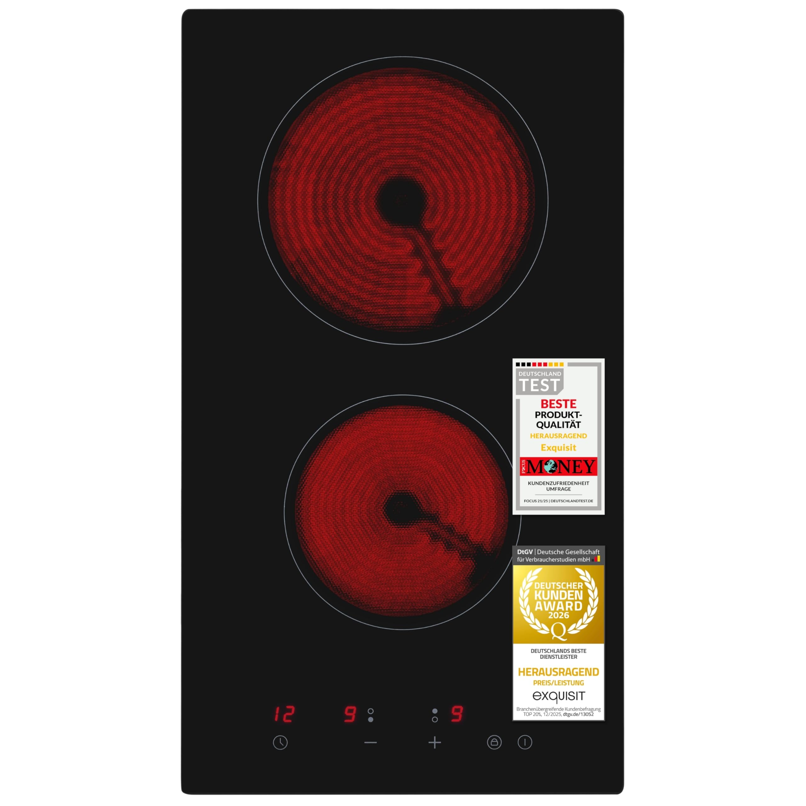 Exquisit Glaskeramik-Kochfeld 2 Zonen Einbau - Touch, Timer, 3000 W | Rahmenlos, flächenbündig, 29 x 52 cm – mit Restwärmeanzeige, Kindersicherung & Überhitzungsschutz