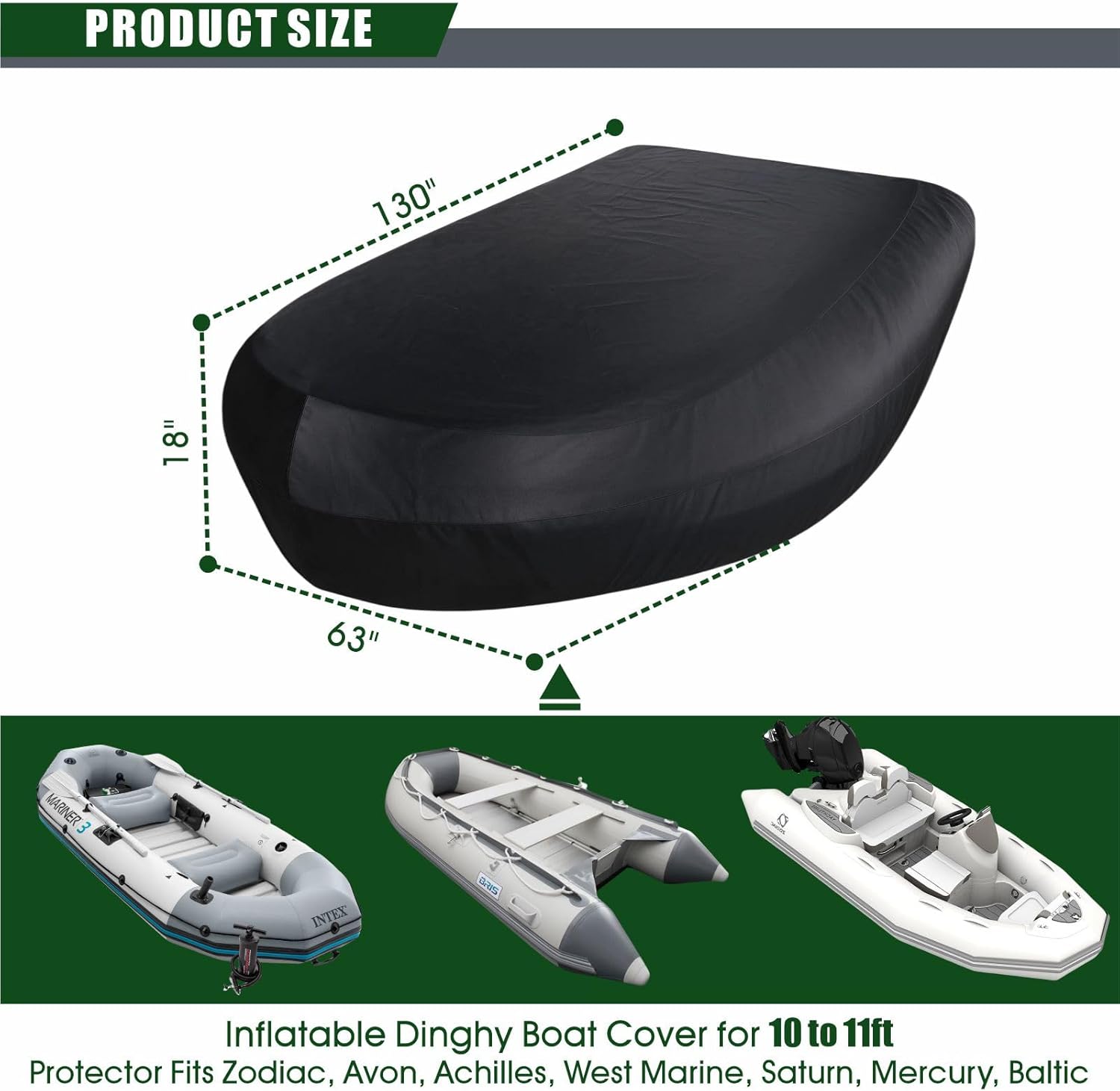 Inflatable Dinghy Boat Cover for 10 to 11ft - Waterproof UV Resistant Marine Grade Protector Fits Zodiac, Avon, Achilles, West Marine, Saturn, Mercury, Baltic 10-11 feet(130" Lx63 Wx18 H)