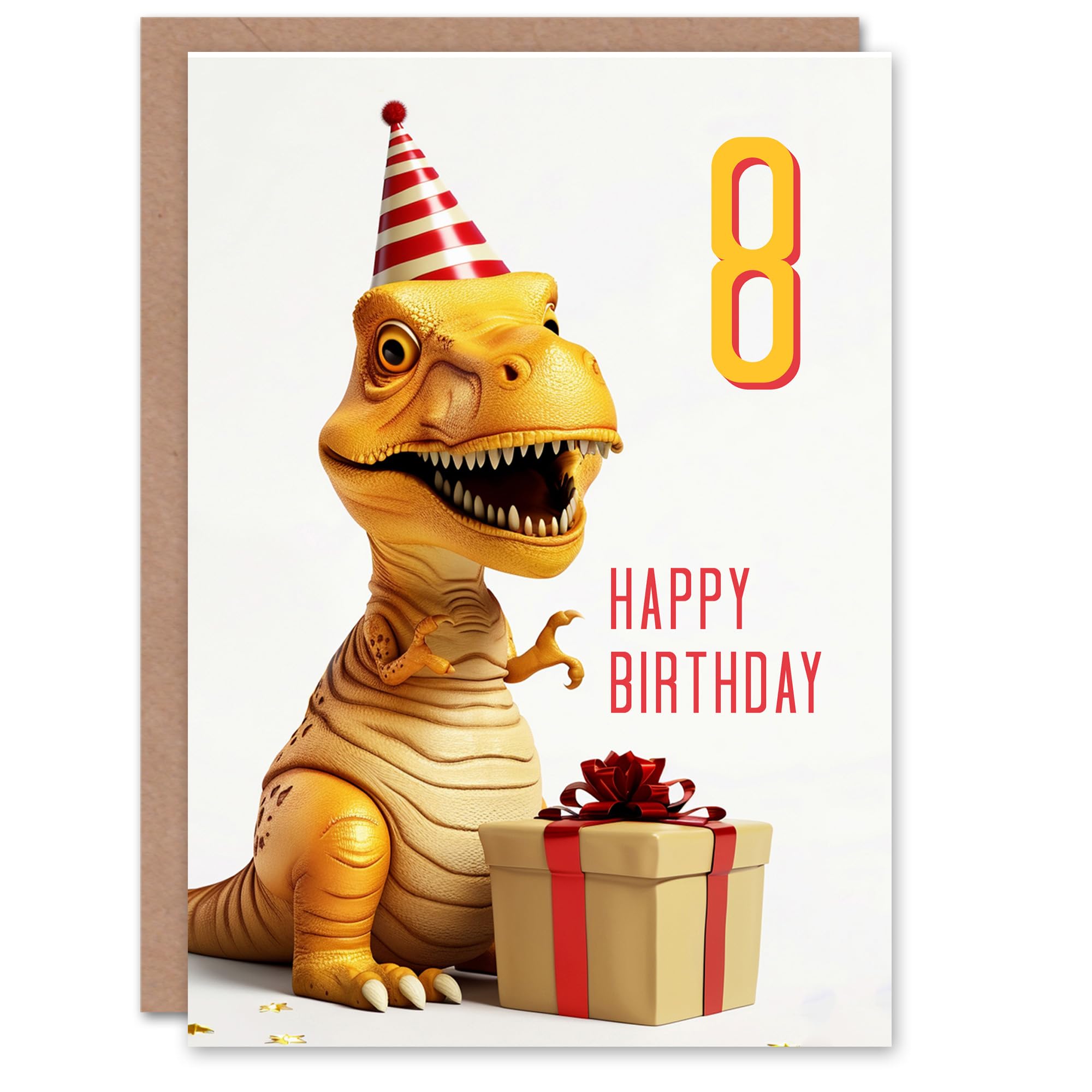 Artery8 8th Birthday Card Baby T-Rex Dinosaur Party Hat Kids Age 8 Year Old Child For Son Daughter Girl Boy Happy Card