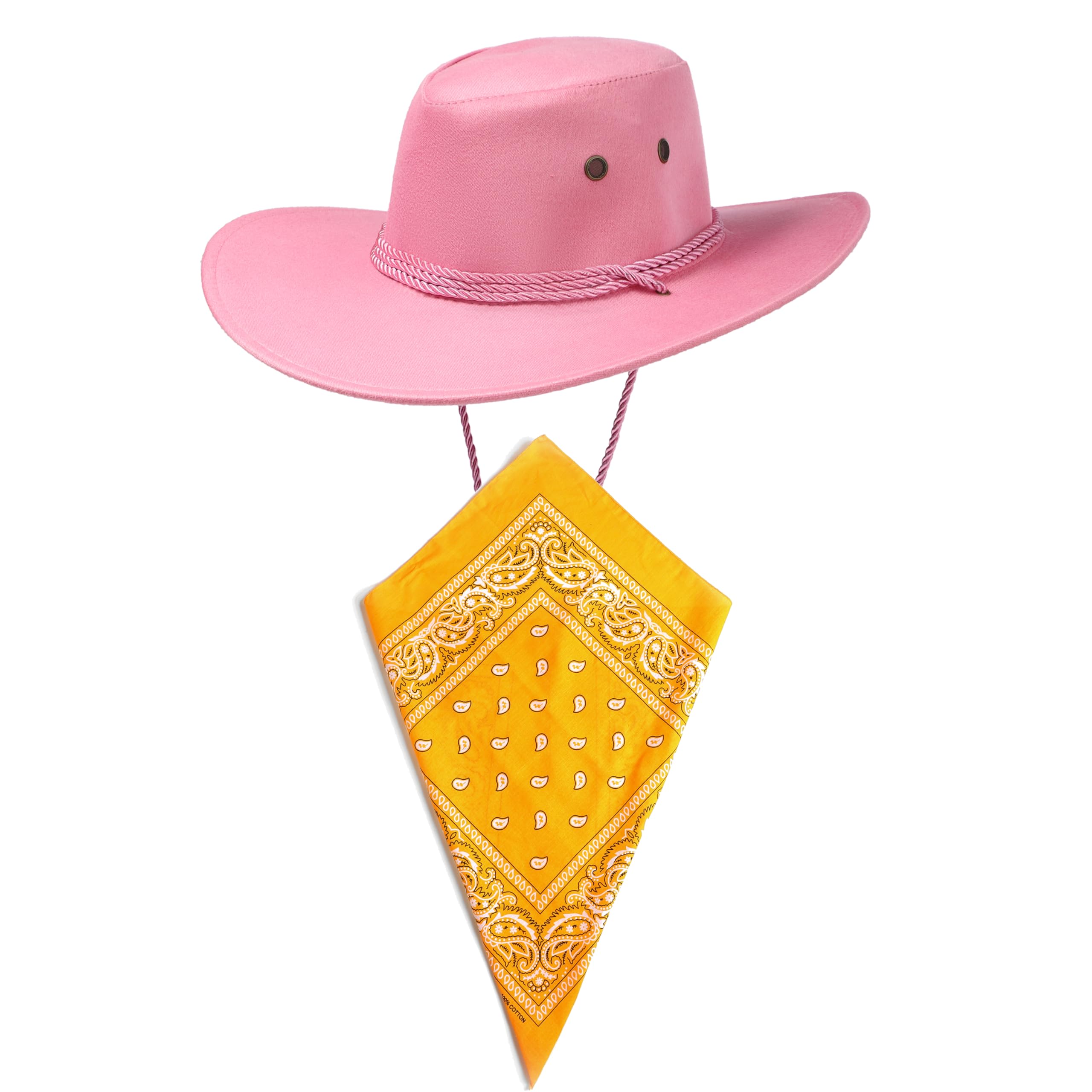 Komonee Pink Cowboy Hat and Amber Bandana Western Sun Cap Faux Felt Leather Suede Fancy Dress Party Costume Outfit Neckscarf Sun Protection Mens Womens