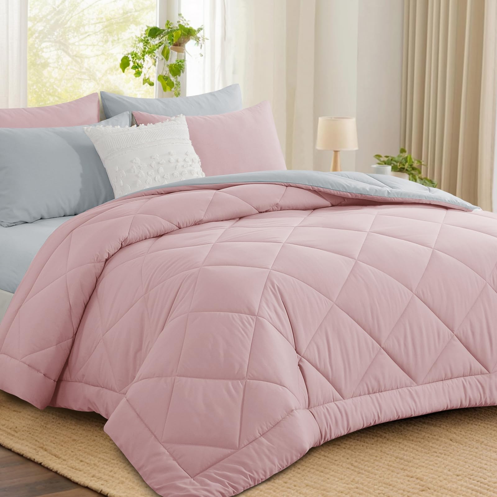 Aisbo Coverless Duvet Double 10.5 Tog - 200x 200cm, Pink Cosy and Lightweight Quilt, Reversible Comforter with 2 Pillowcases, Pink/Grey — image 1