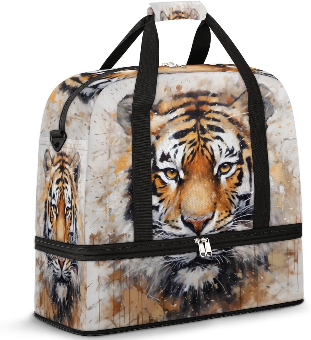 QsirBC Animals Tiger Design Gym Bag for Women Duffle Tote with Shoes Compartment Men Weekender Duffel for Dance Travel Sports Swimming Overnight