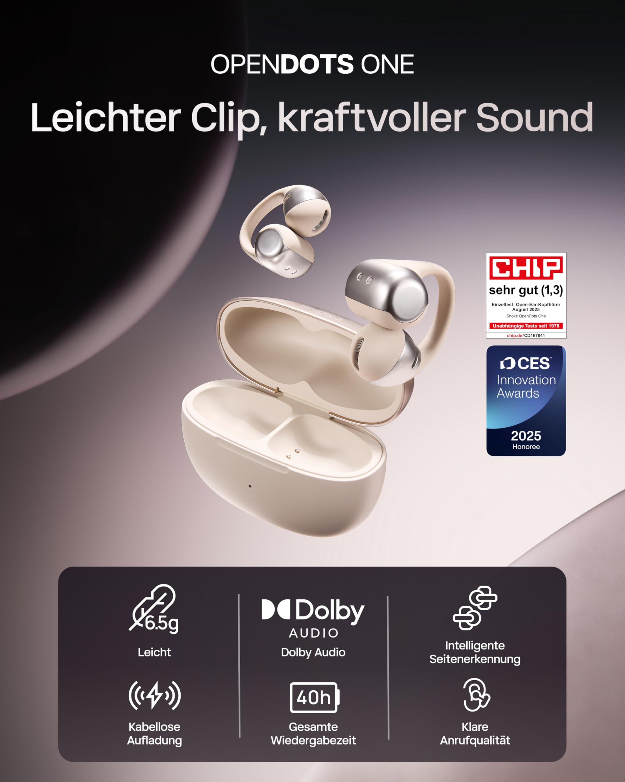 SHOKZ OpenDots ONE Open Ear Kopfhörer, Premium Dolby Audio, Clip On Earbuds mit Mikrofon, Bluetooth 5.4, schnelles Aufladen, 40 Stunden Spielzeit, IP54, Gewicht 6,5g, mit Reinigungstuch, Grau