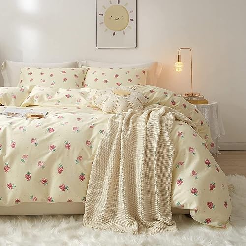 Vista 358 de Linda funda de edredón de fresa, tamaño individual XL, suave, 100% algodón, juego de ropa de cama de fresa rosa, ligero, funda de edredón para niños