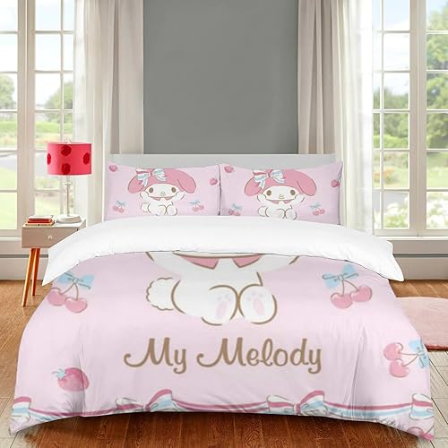 Pink My Bunny Melody - Funda de edredón vintage con cremallera, juego de funda de edredón con patrón de corbatín, 1 funda de edredón tamaño Queen y
