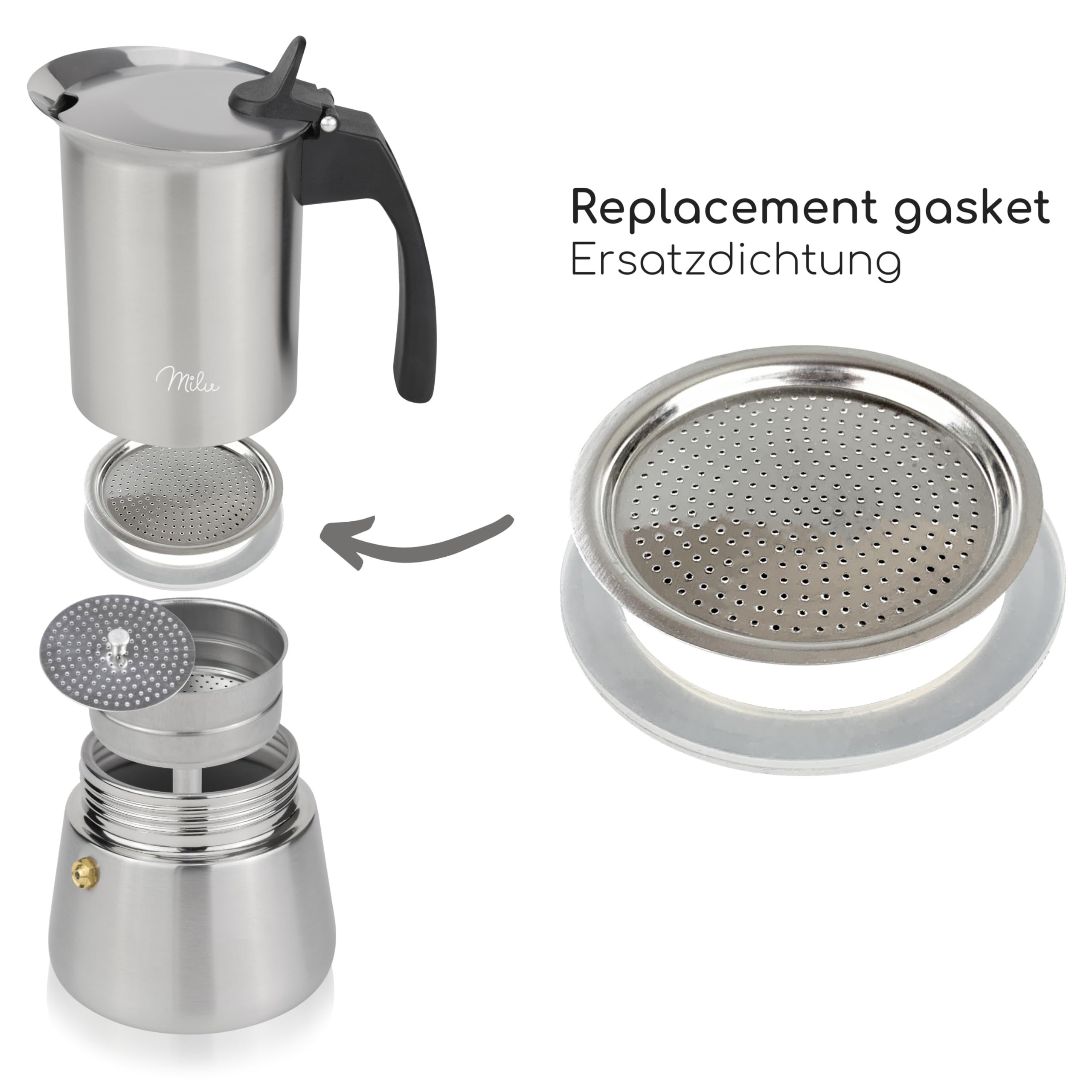 Milu Replacement Filter for Espresso Maker Stainless Steel 2, 4, 6, 9 Cups - Spare Part - Filter incl. Seal (6 Cups (300ml)) - Image 2