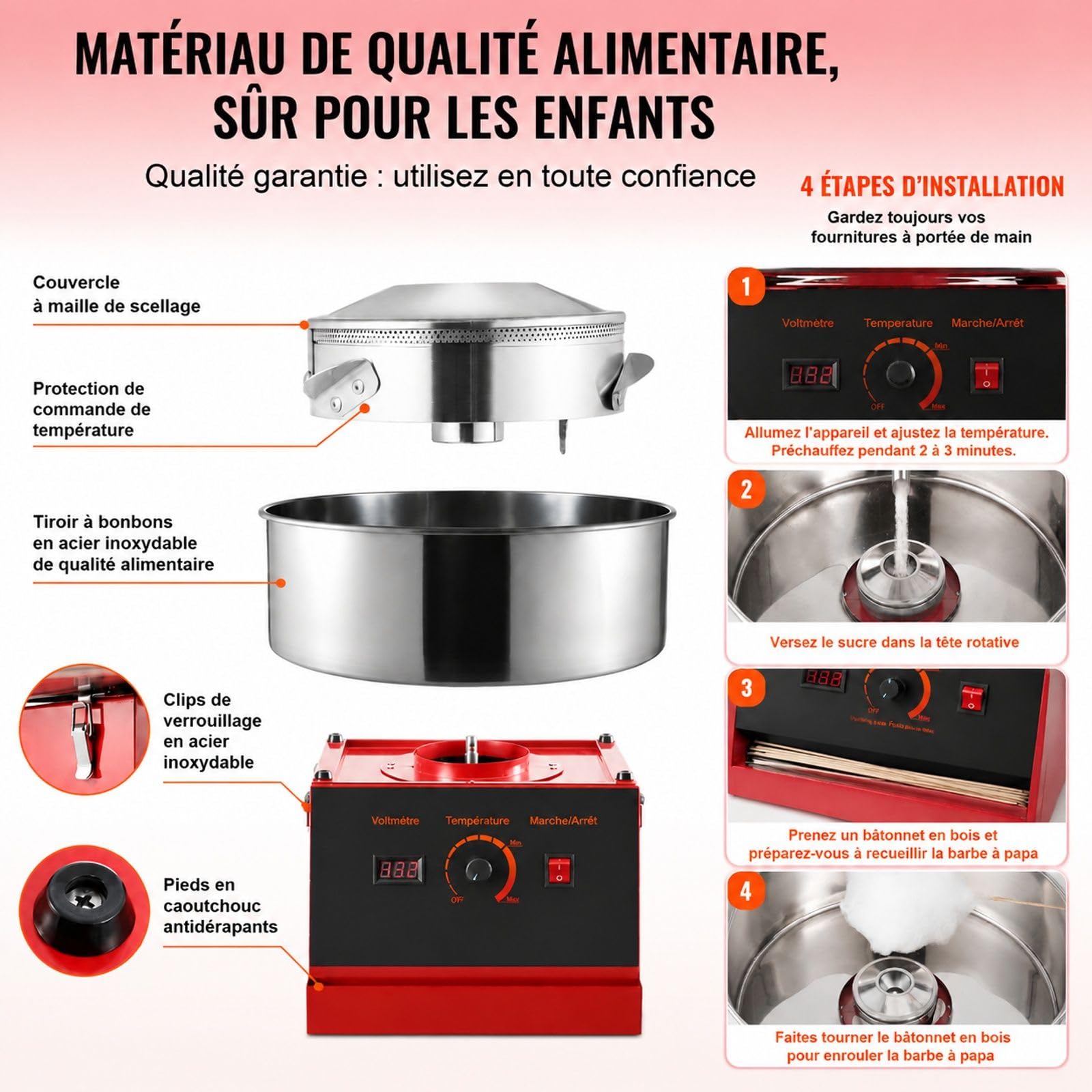 Machine à barbe à papa électrique 1000 W avec bol en acier inoxydable et cuillère à sucre, rouge, pour maison et réunions familiales