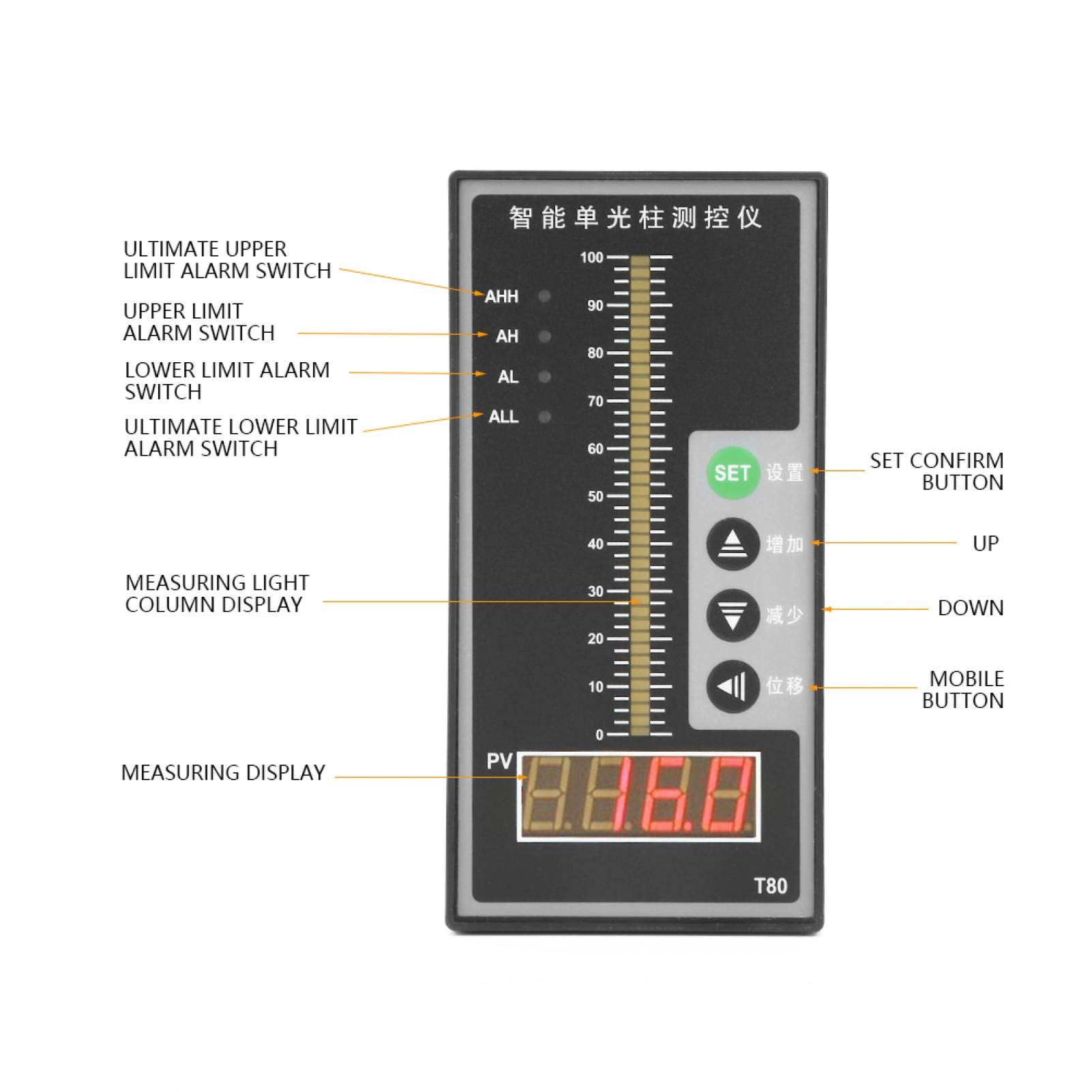 Affichage, T80 AC220V 4-20mA Affichage de colonne lumineuse Transmetteur intelligent de niveau de pression, installation et utilisation faciles et puissantes