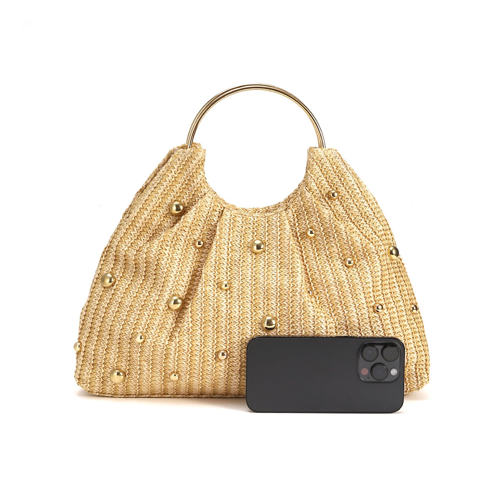 Auffällige Strohtasche mit Perlendetails und rundem Griff. Geräumige Innenhandtasche. Bequemer, täglicher Gebrauch. Leichter Damen-Strand mit Perlenverzierungen