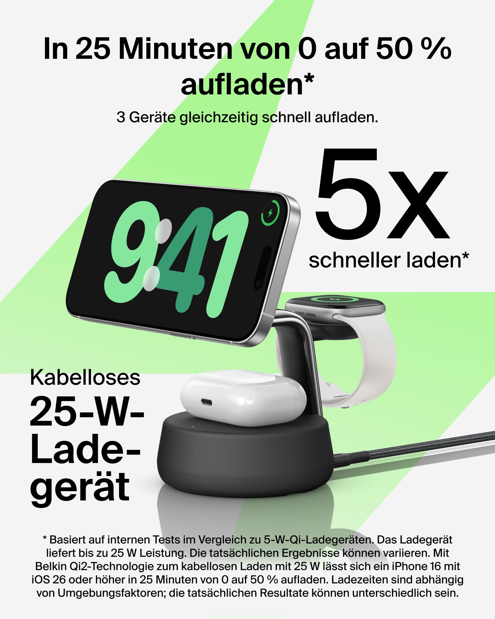 Belkin UltraCharge Pro Qi2.2 Induktive Ladestation, 25W, 3 in 1 Ladegerät MagSafe Kompatibel, Wireless Charger für iPhone 17, Air, Apple Watch, AirPods, Pixelsnap mit Lüfter, 45-W-Adapter – Schwarz