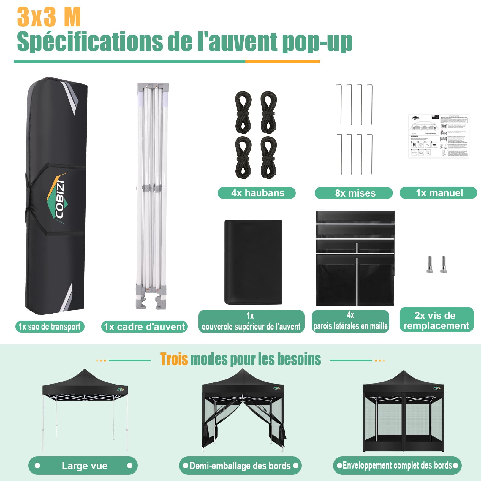 COBIZI Tonnelle Pliante 3x3 m imperméable et Stable | Protection UPF50+, 3 hauteurs réglables, 4 parois moustiquaires, tissu Oxford 420D robuste, avec sac de transport 800D