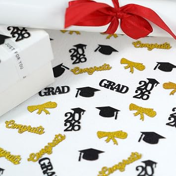 200Pcs 2026 Graduation Confetti, Black and Gold Glitter Congrats Grad Table Confetti, Double Sided Happy Graduation Table Scatter for High School College Graduation Party Decorations Supplies