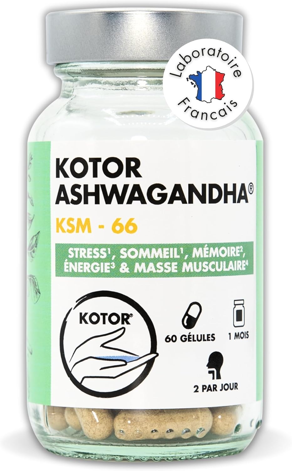 KOTOR ASHWAGANDHA KSM-66 – Natural Stress Relief, Restful Sleep, Concentration, Energy & Vitality – 5% Withanolides – Patented, Organic and Vegan – 60 Capsules – 1 Month – French Laboratory