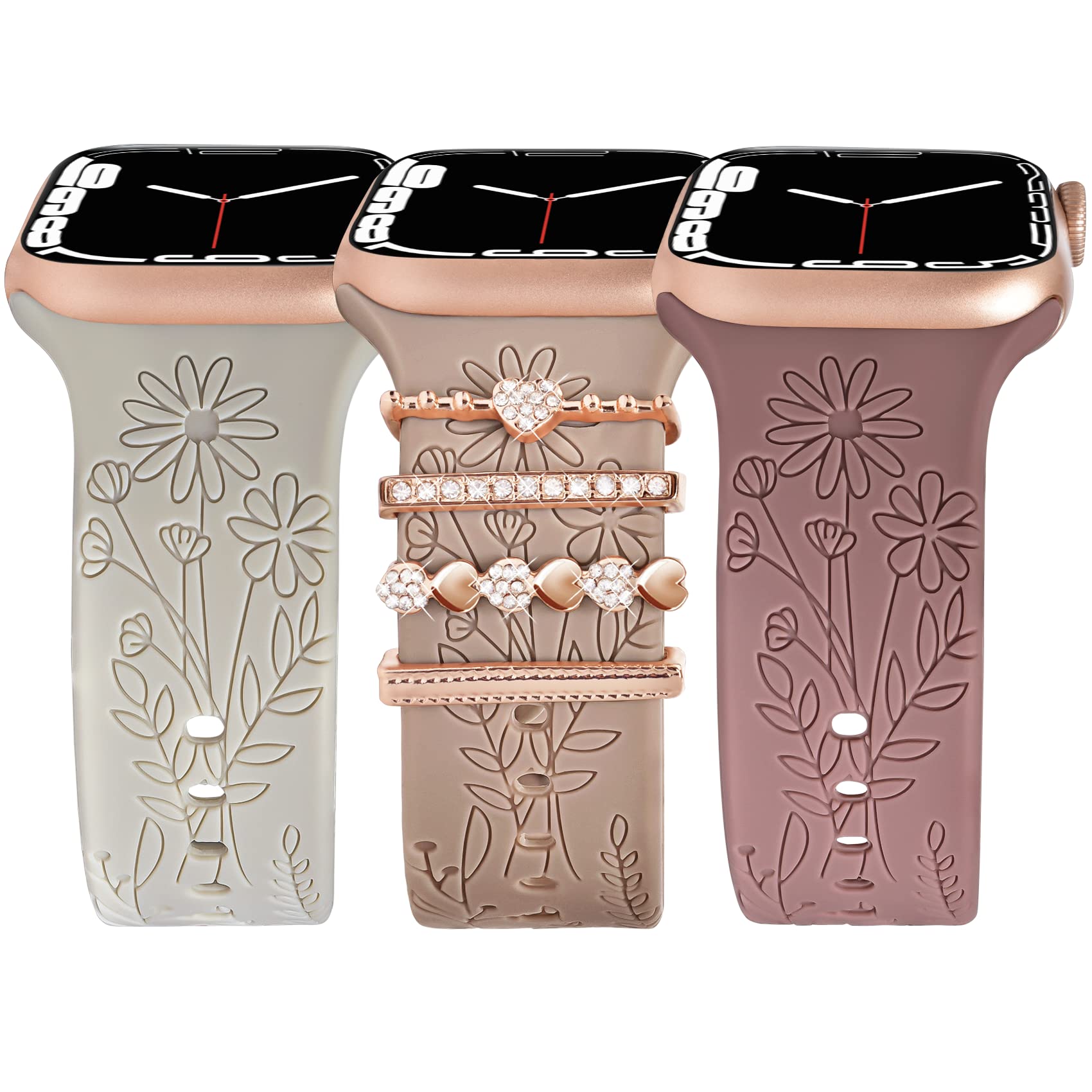 ORATYFAN Floral Engraved Bands with Charms Compatible with Apple Watch Bands 38mm 40mm 41mm, Soft Sport Silicone Wristbands Women Flower Replacement Strap for iWatch Bands Series SE 8 7 6 5 4 3 2 1