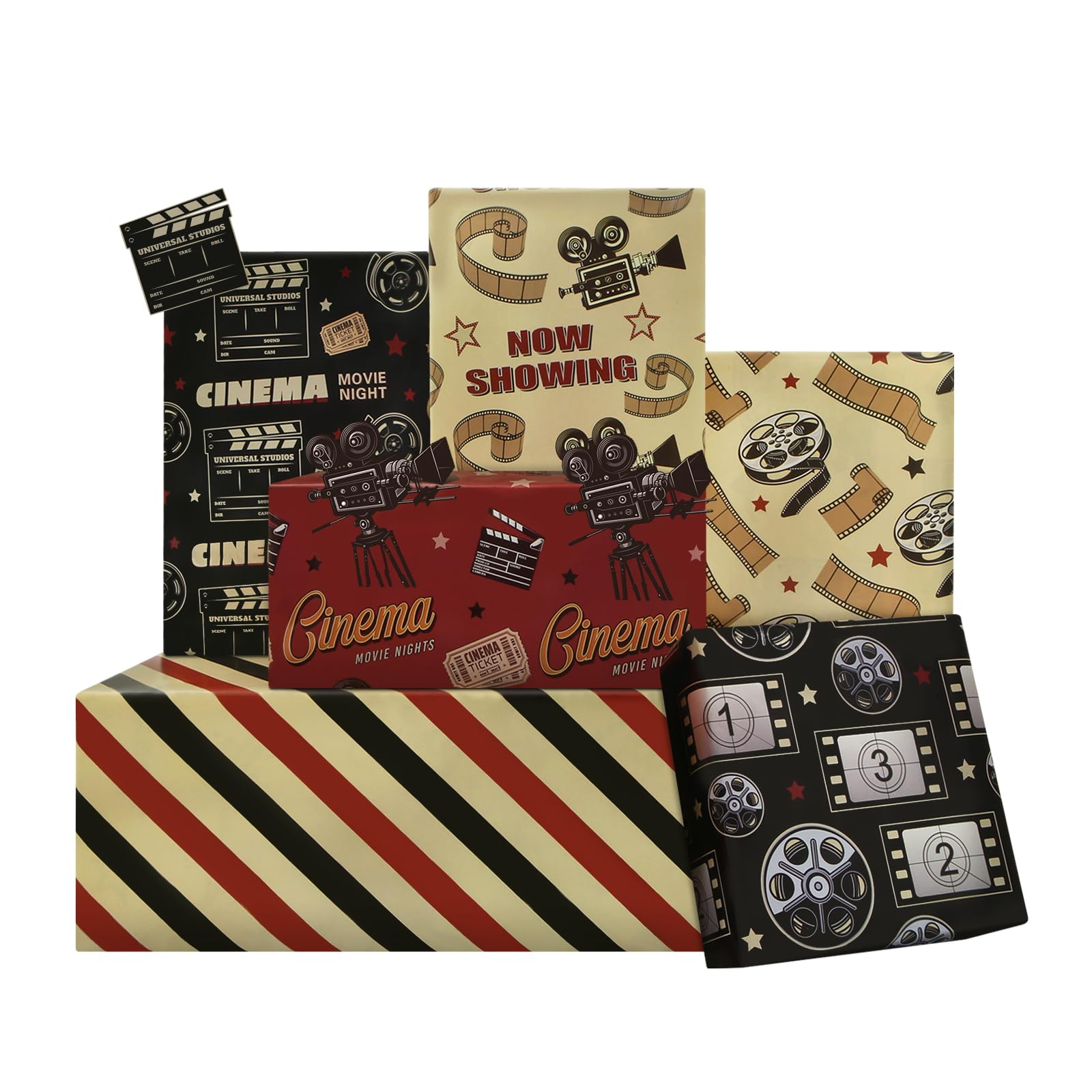 Unique Vintage Movie Night Gift Wrap Set Cinema Wrapping Papers Set of 6 Sheets 50x70cm, NOW SHOWING, CINEMA, Classic Film Reel, Theater Ticket Patterns Gift Wrap for Birthday, Movie Lover